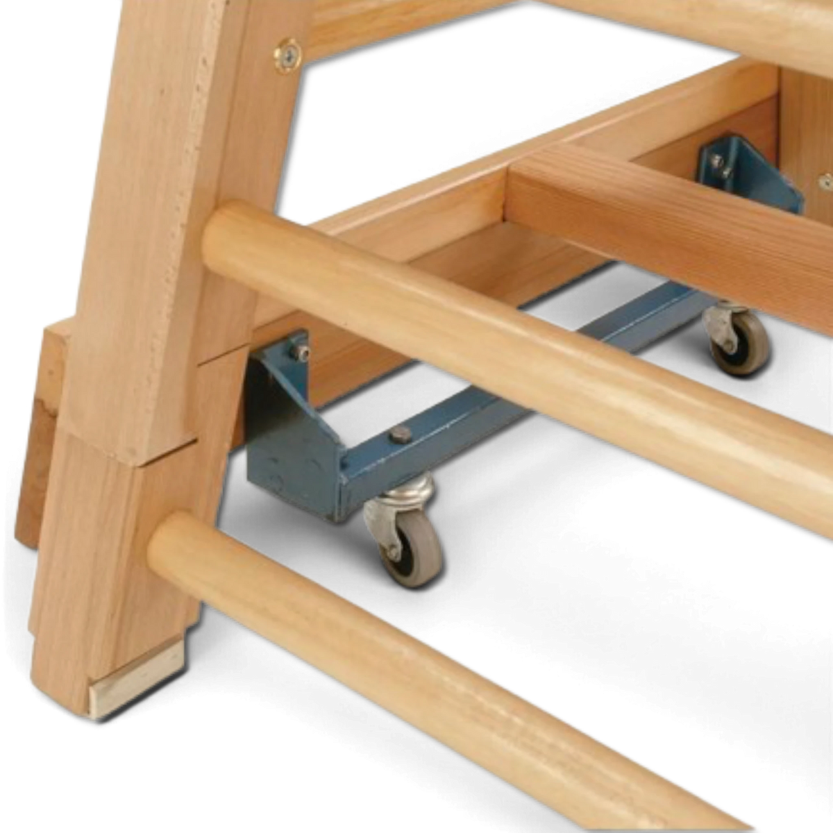 UK Gym Pits wooden gymnastics bar box base featuring sturdy timber construction, integrated rungs, and swivel wheels