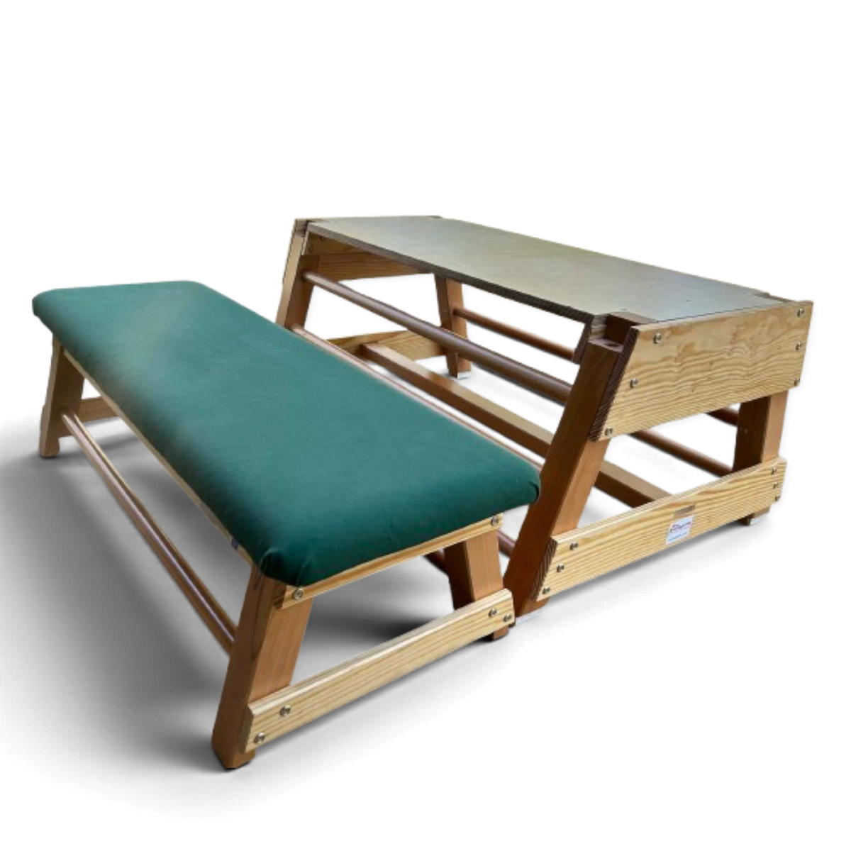 UK Gym Pits wooden bar box with green canvas padded top and separate lower section for gymnastics training