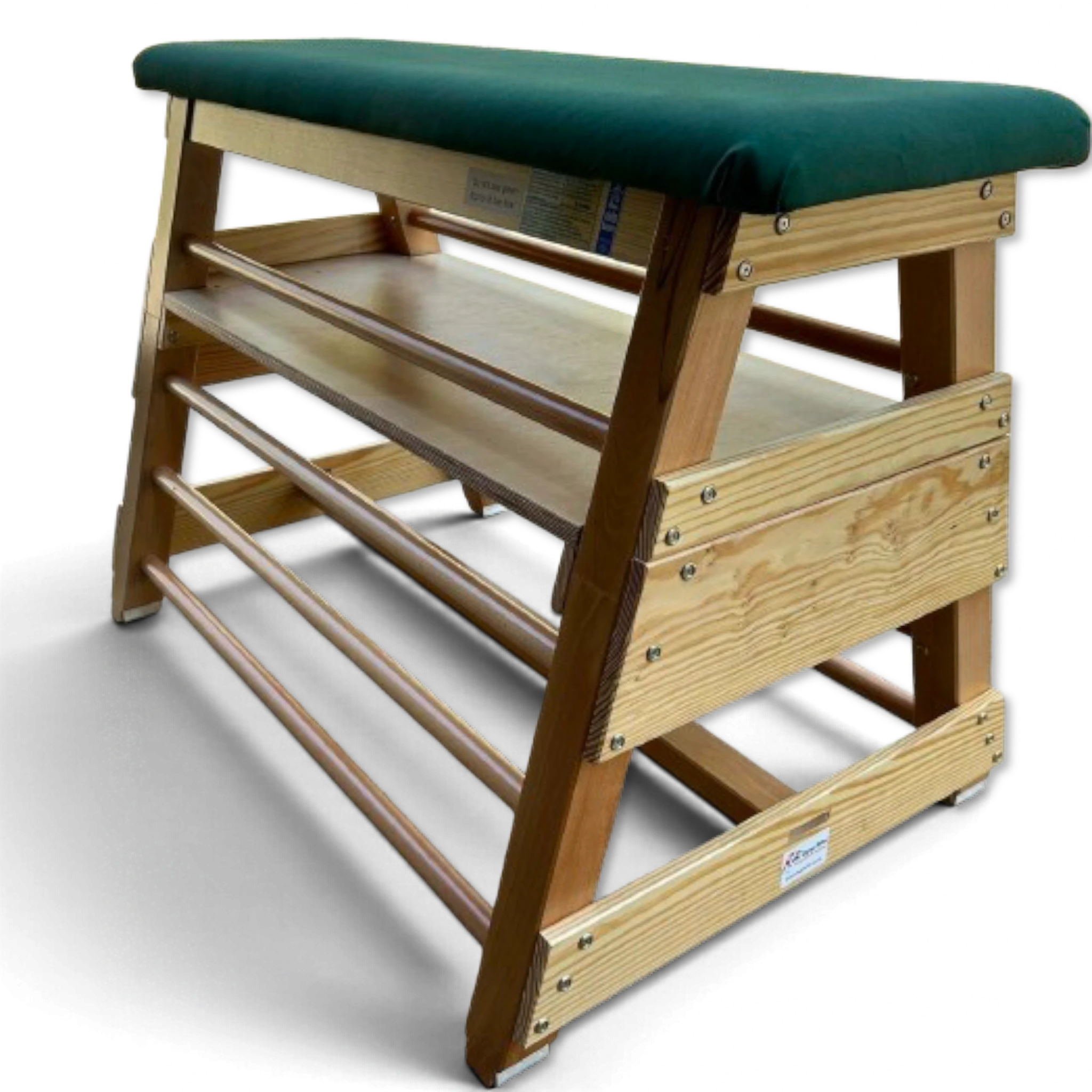 UK Gym Pits wooden gymnastics bar box with a green padded top and integrated rungs for school or club training.