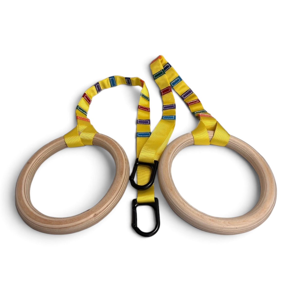 UK Gym Pits wooden gymnastics rings with yellow colour-coded adjustable straps and black carabiner clips