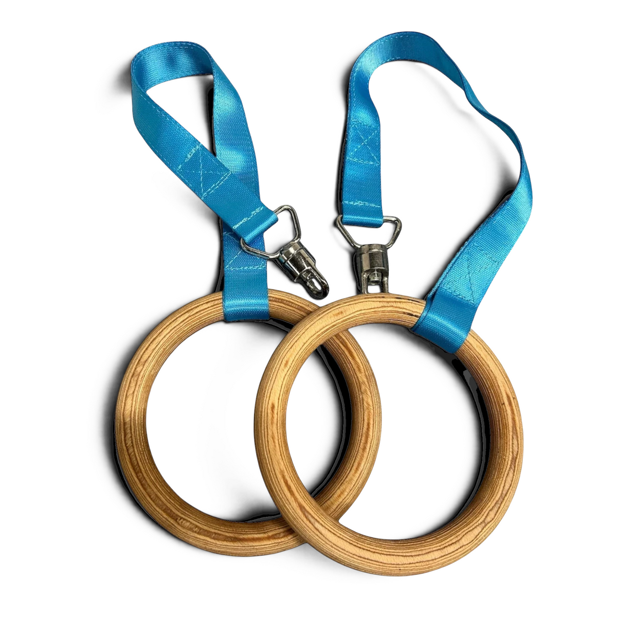 UK Gym Pits Gaofei wooden gymnastics training rings with bright blue nylon straps and metal carabiner clips
