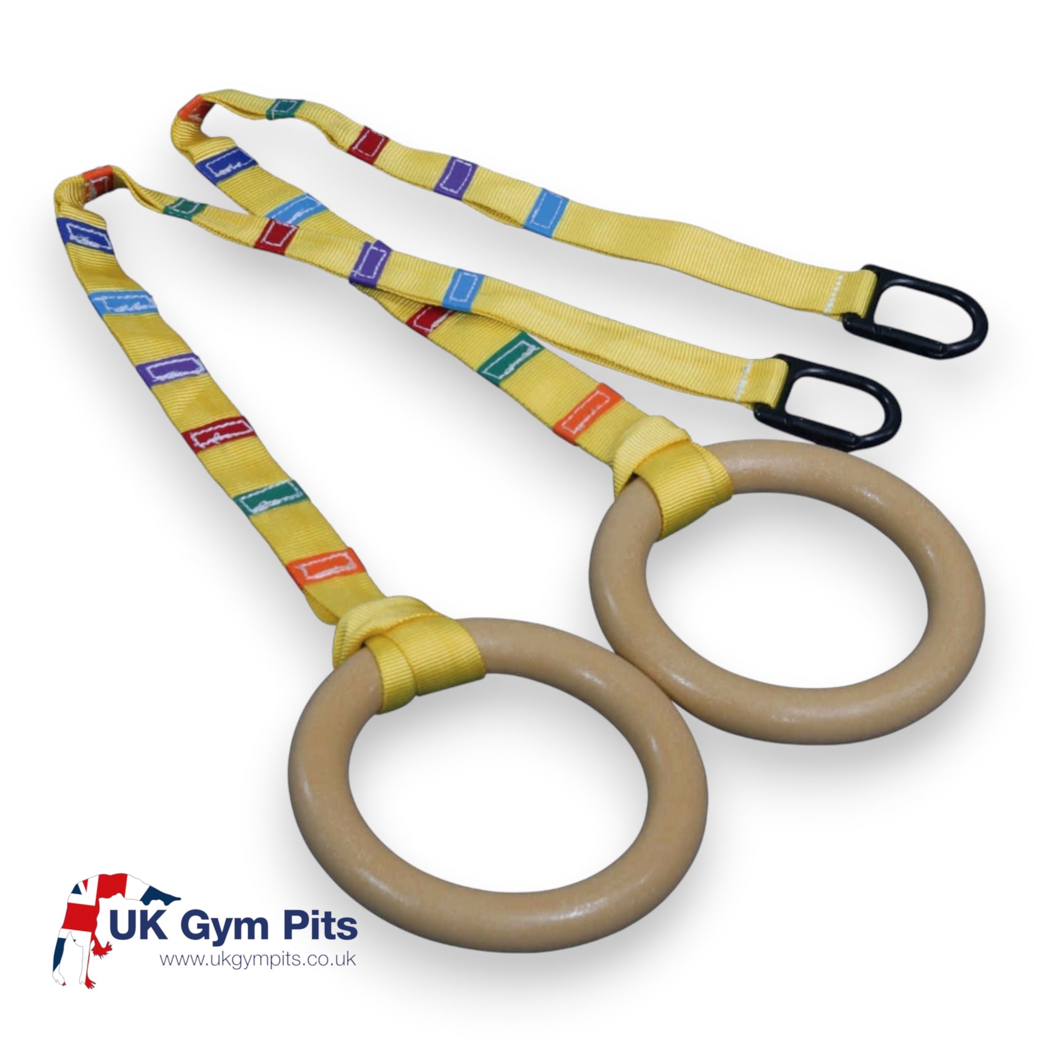 UK Gym Pits wooden gymnastics rings with yellow colour-coded adjustable straps for strength training