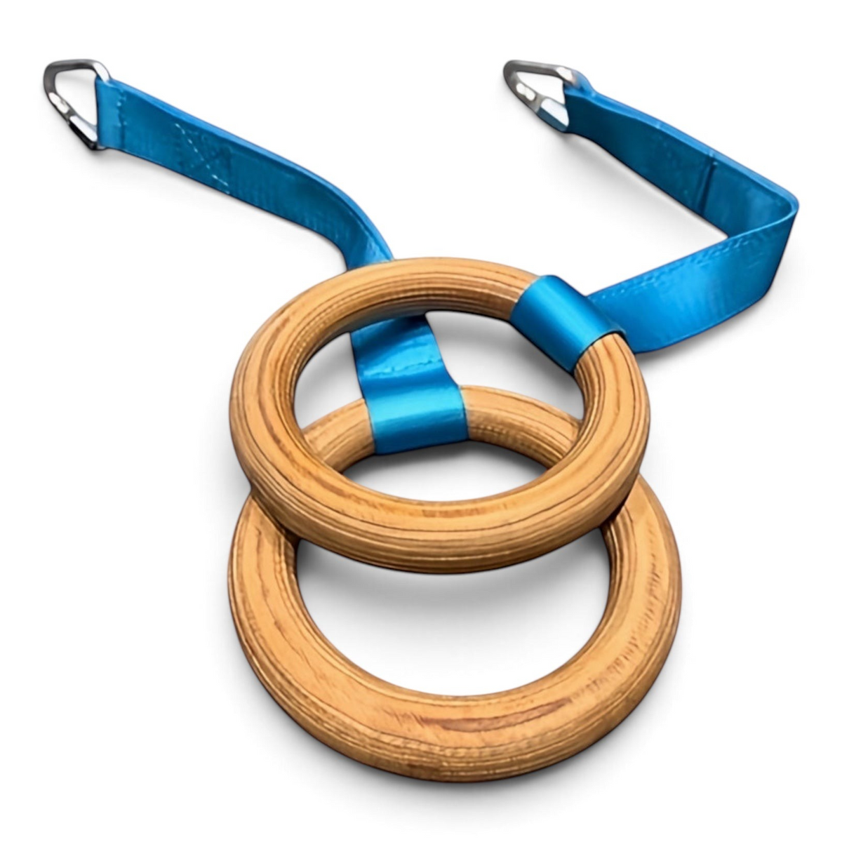UK Gym Pits wooden gymnastics rings with blue nylon straps for training younger gymnasts and children