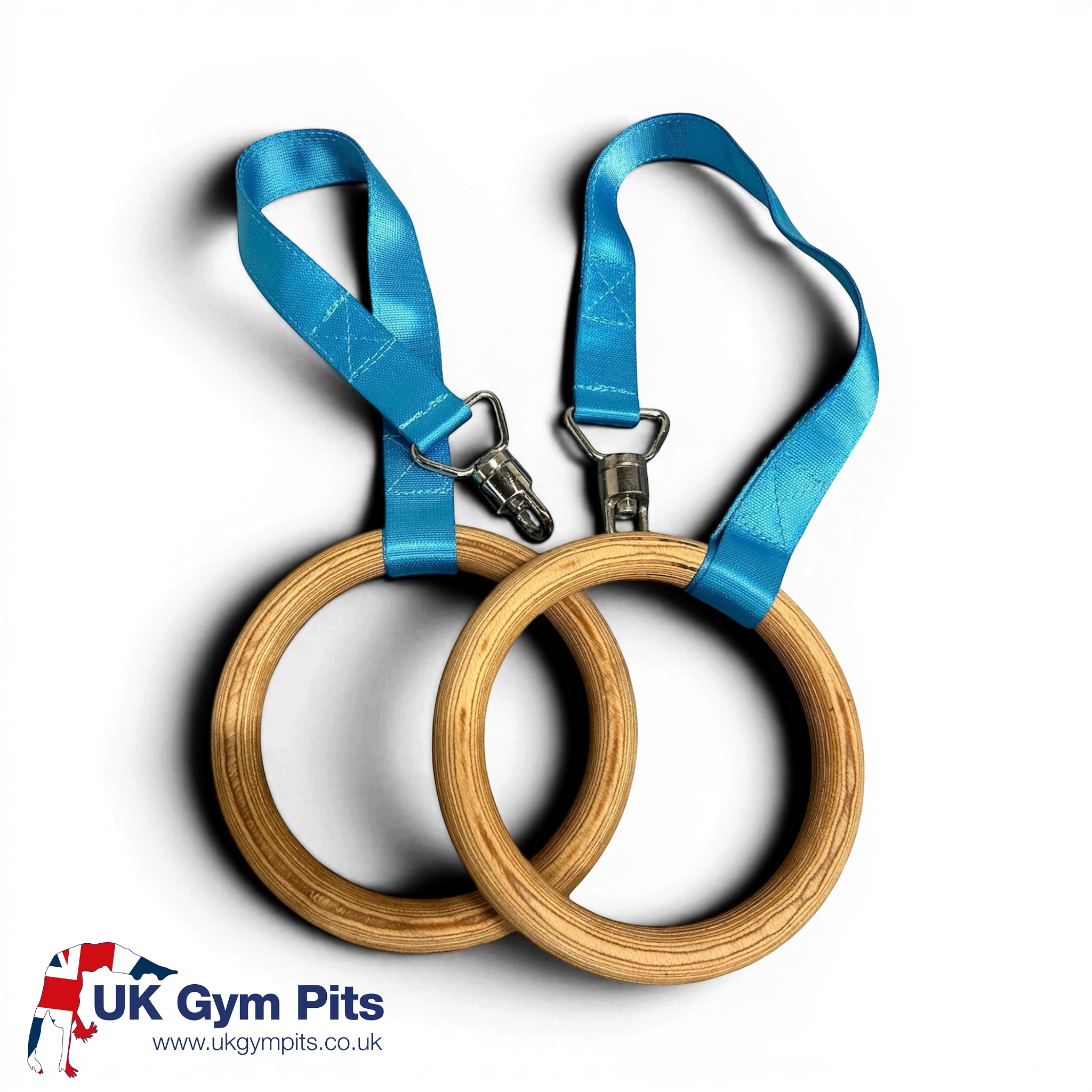 UK Gym Pits wooden gymnastics training rings with bright blue adjustable nylon straps on a black background