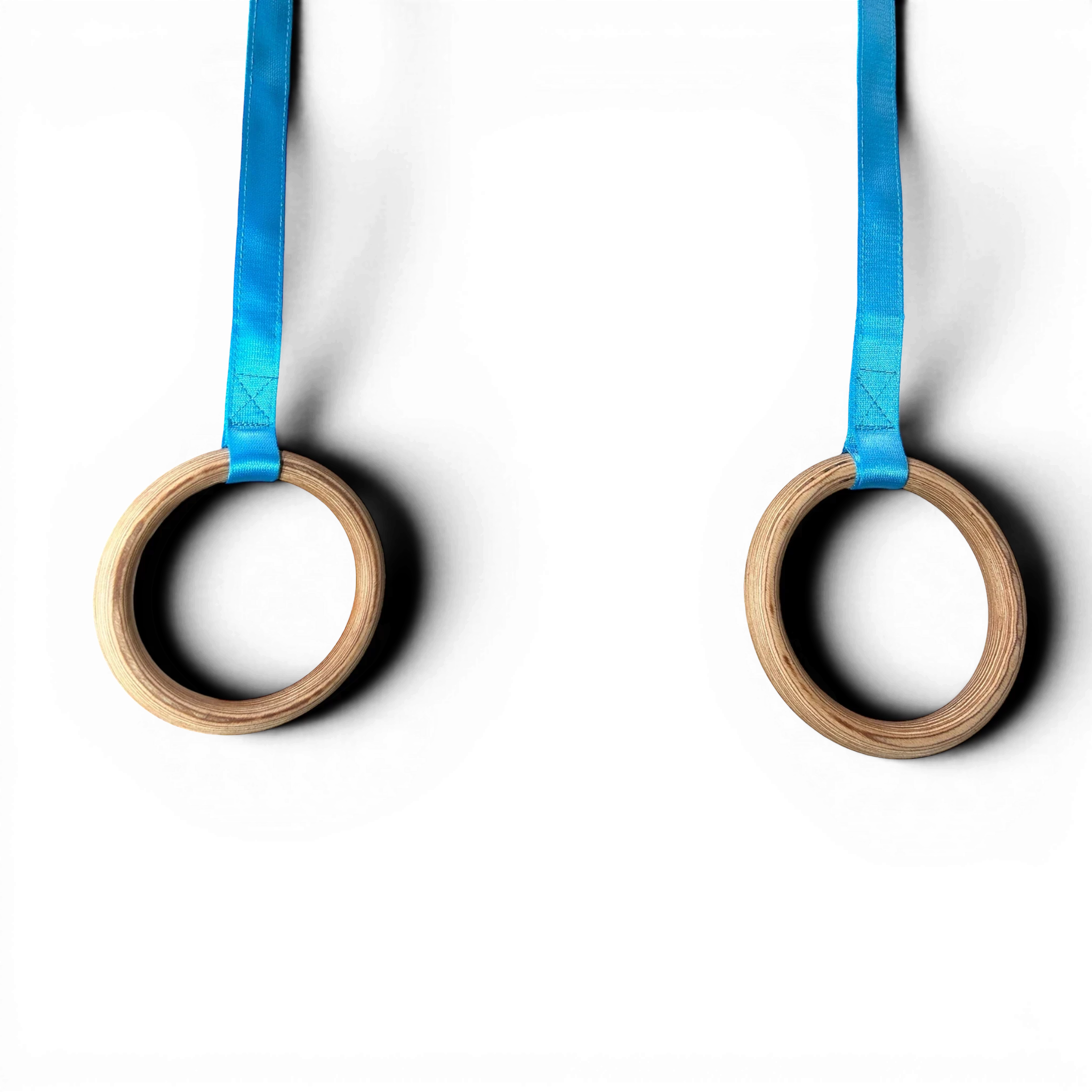 UK Gym Pits Gaofei wooden gymnastics training rings with bright blue adjustable straps against a black background