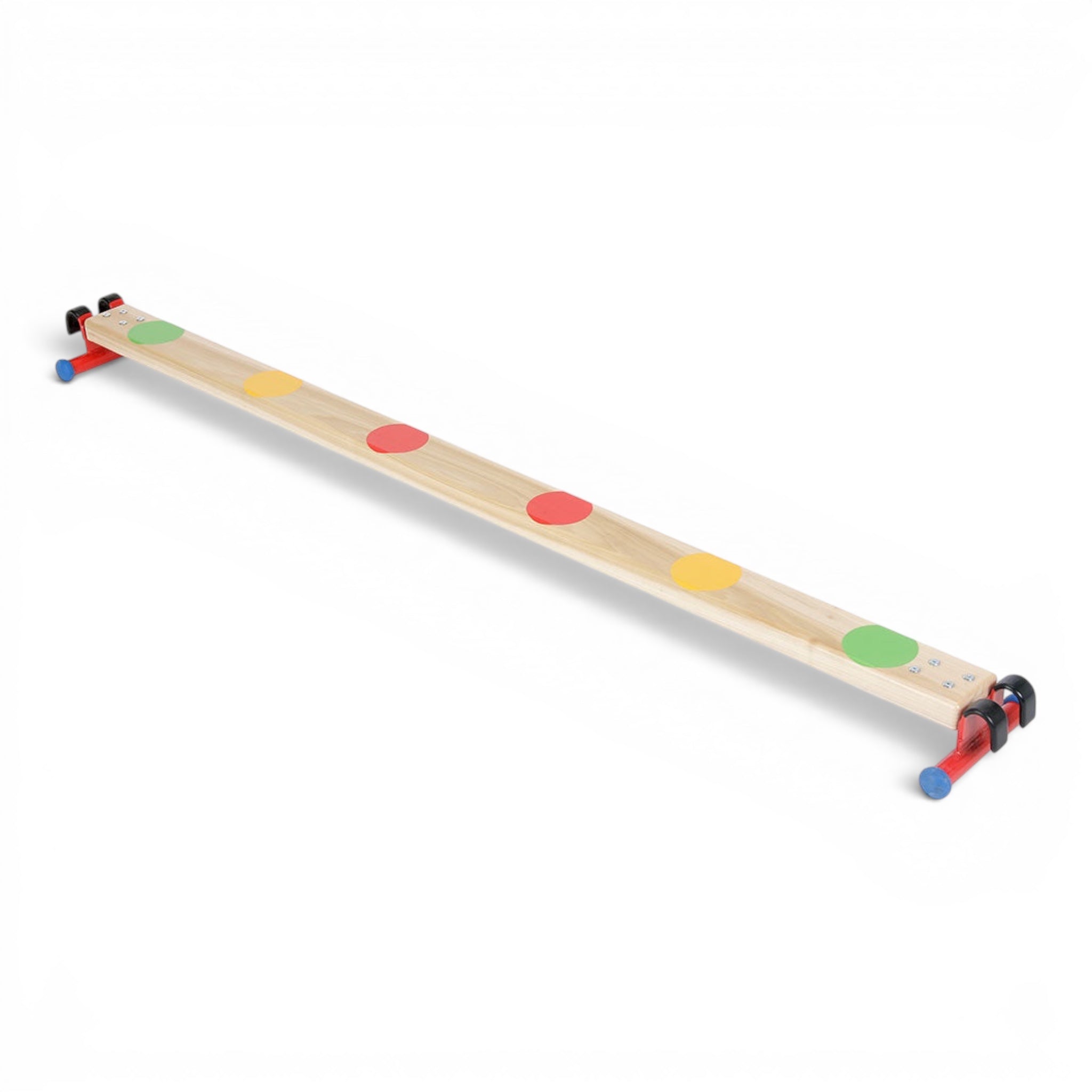 UK Gym Pits wooden spot balance beam with colourful circular markers for children's gymnastics and agility training.