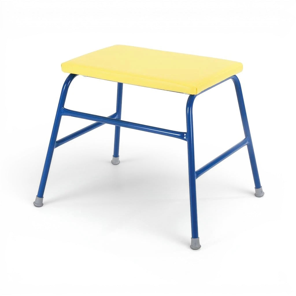 UK Gym Pits 61cm agility table with a yellow top and blue metal frame for Key Stage 2 gymnastics training