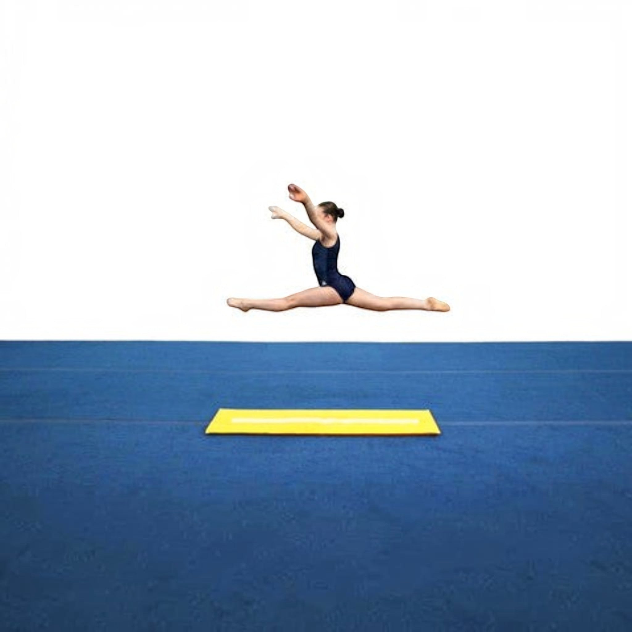 UK Gym Pits yellow cartwheel beam mat with white guide stripe on a blue floor as a gymnast performs a split leap