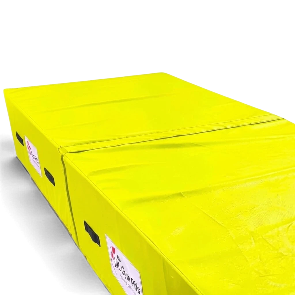 UK Gym Pits yellow high-density foam track run-up block with anti-slip base and heavy-duty handles for gymnastics