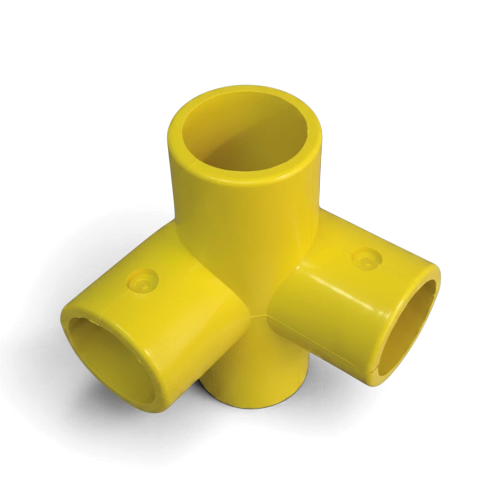 UK Gym Pits yellow GRP 4-way middle corner connector for handrail systems, made of durable glass reinforced plastic.