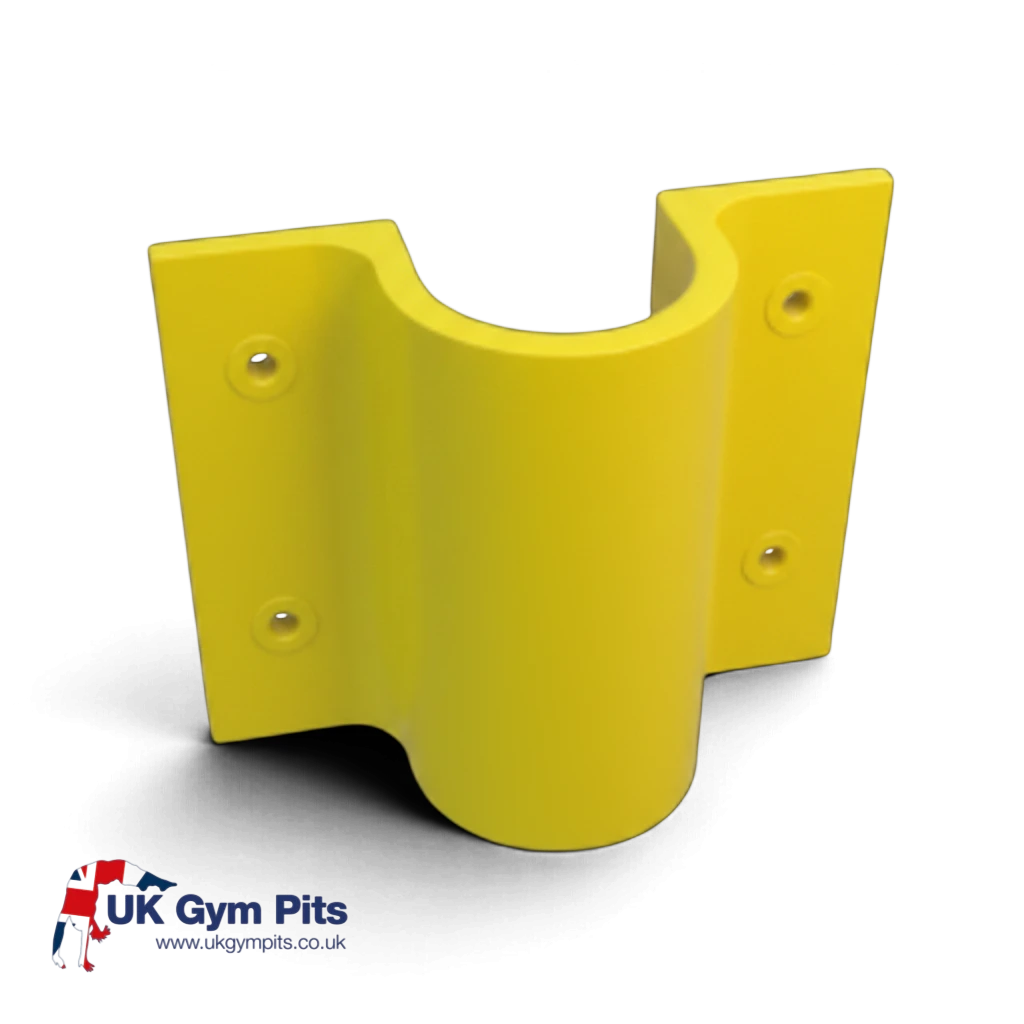 UK Gym Pits yellow GRP side fitting base plate with four mounting holes for handrail systems