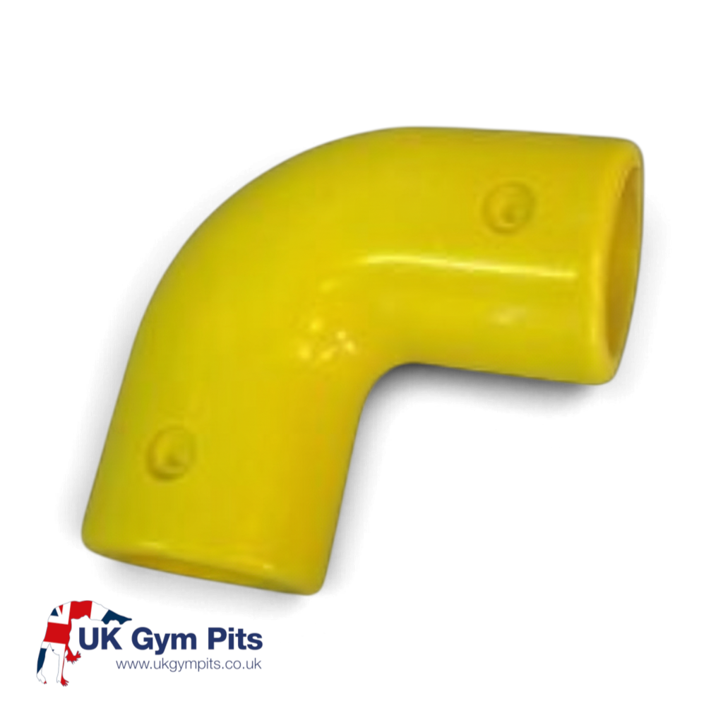 UK Gym Pits yellow 90 degree GRP elbow bend for handrail systems, durable glass reinforced plastic connector