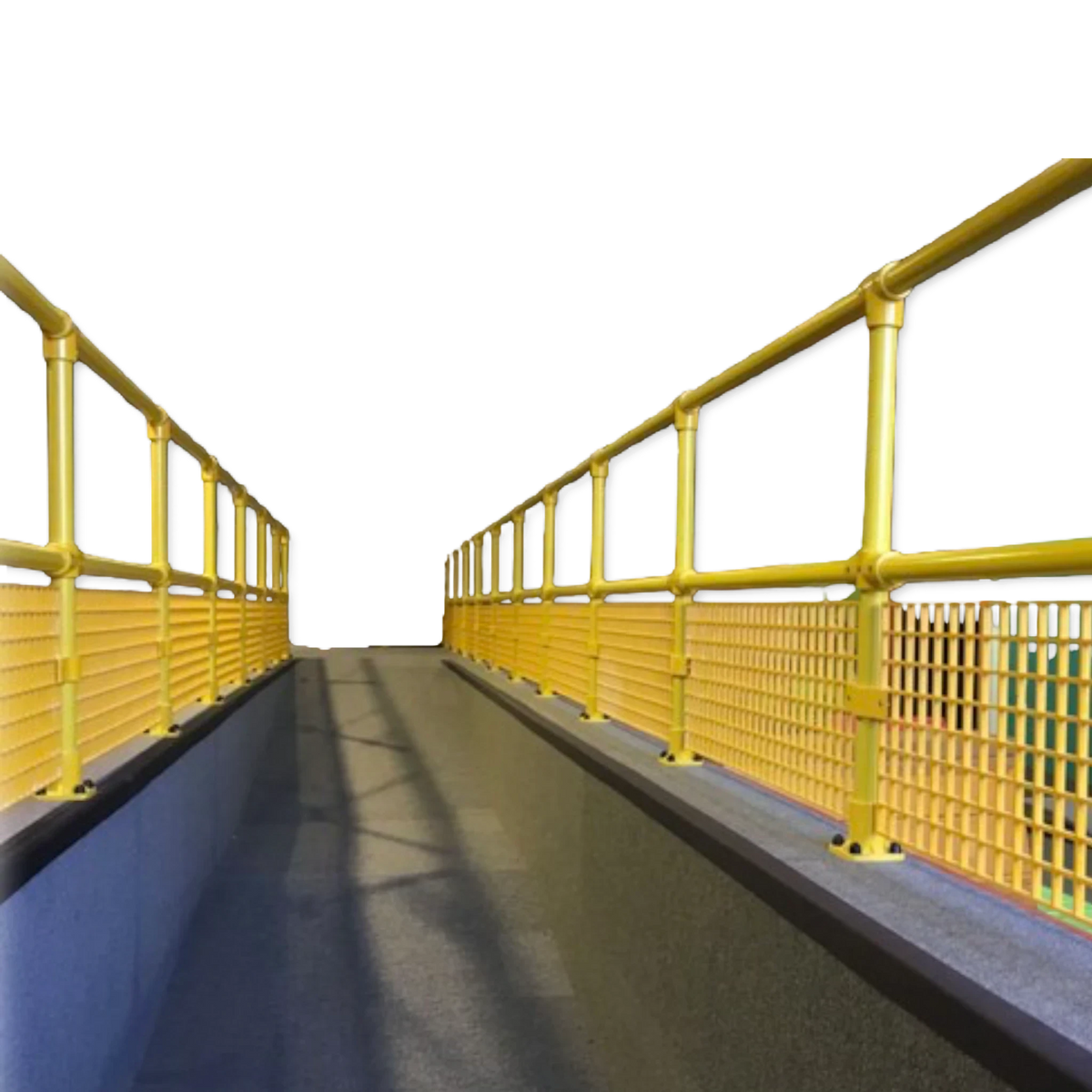 UK Gym Pits yellow GRP handrail system with safety mesh installed along a raised walkway for enhanced user safety