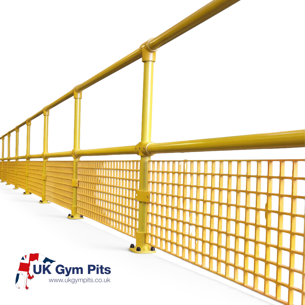 UK Gym Pits yellow GRP mesh safety panel installed on a handrail system for gym pit fall protection