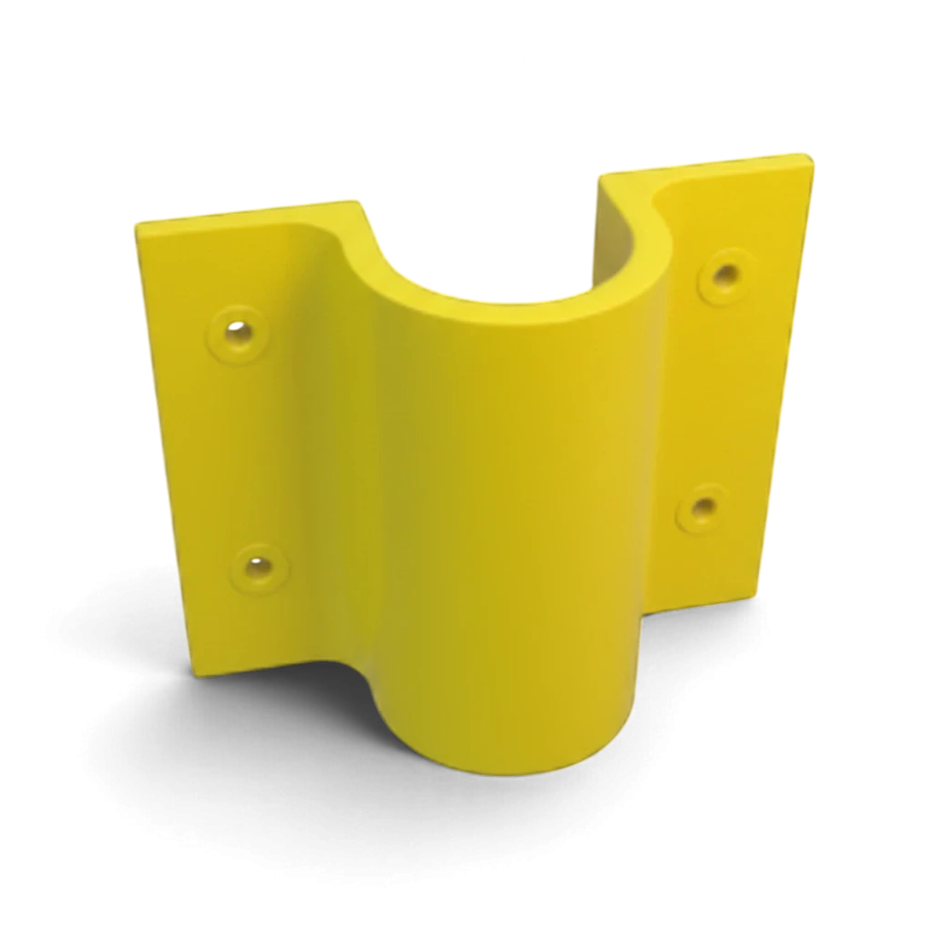 UK Gym Pits yellow GRP side fitting base plate with four pre-drilled holes for handrail system installation