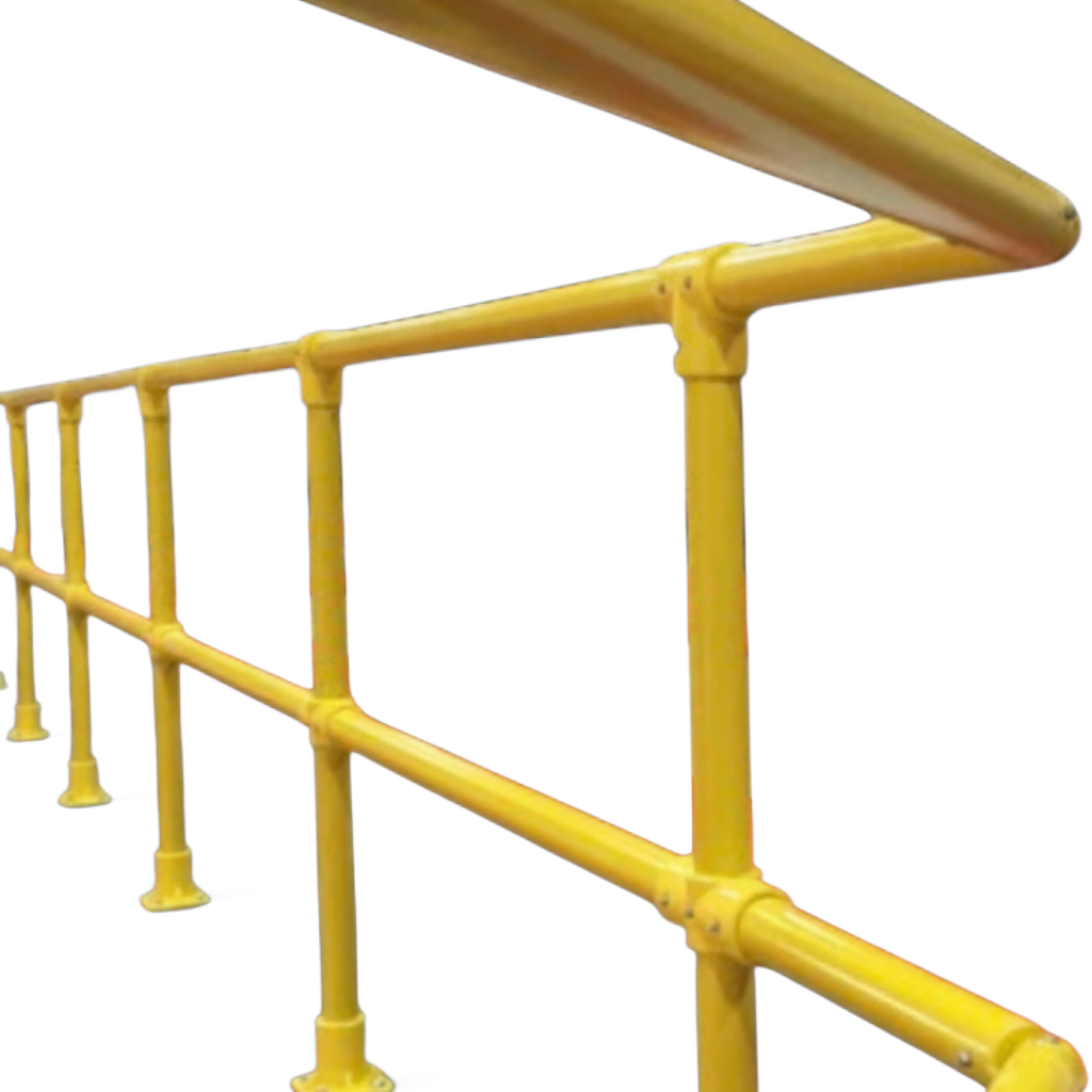 UK Gym Pits yellow GRP adjustable swivel bend connector for handrail systems, designed for external tube fitting.