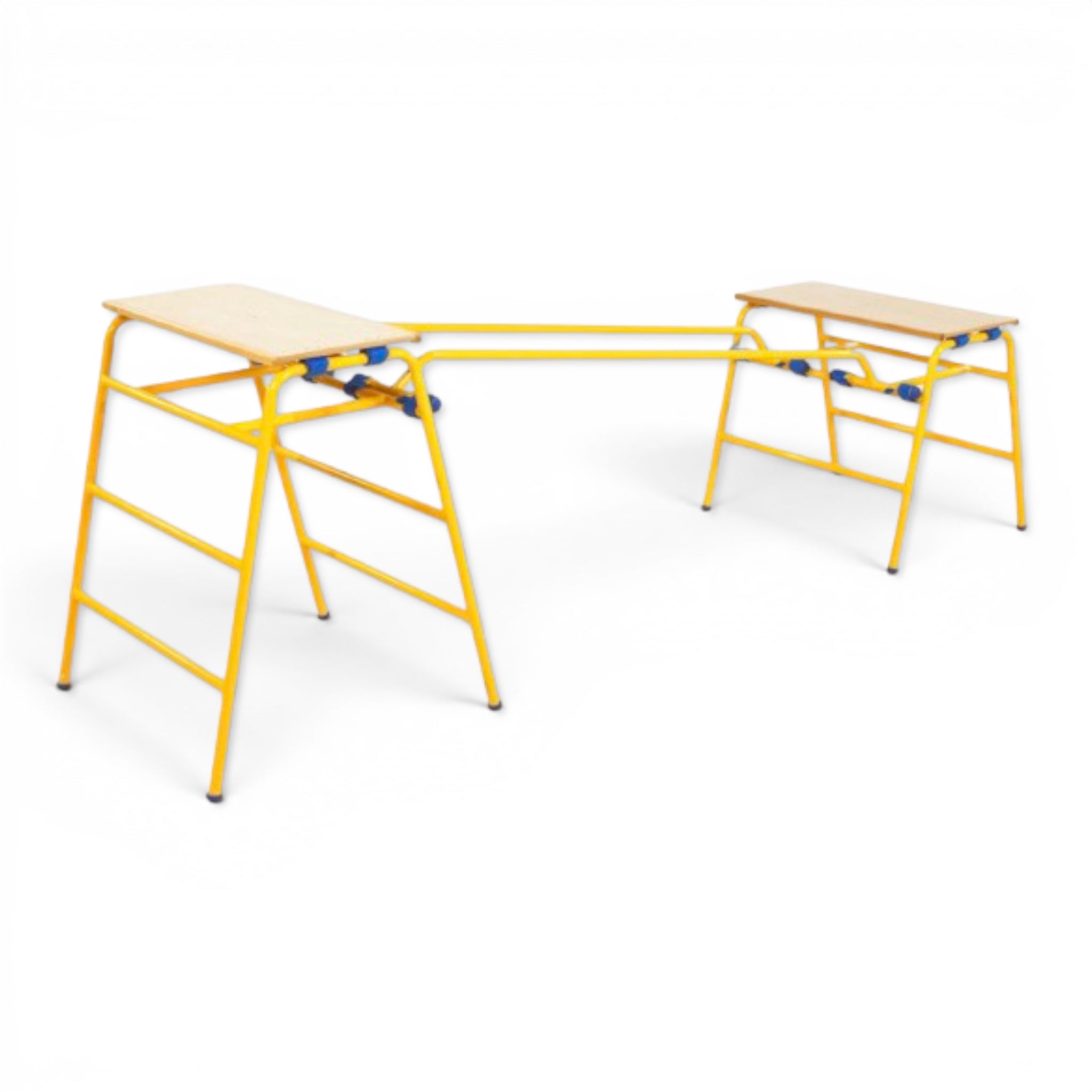 UK Gym Pits yellow metal single bar attached between two trestles for gymnastics training and climbing activities