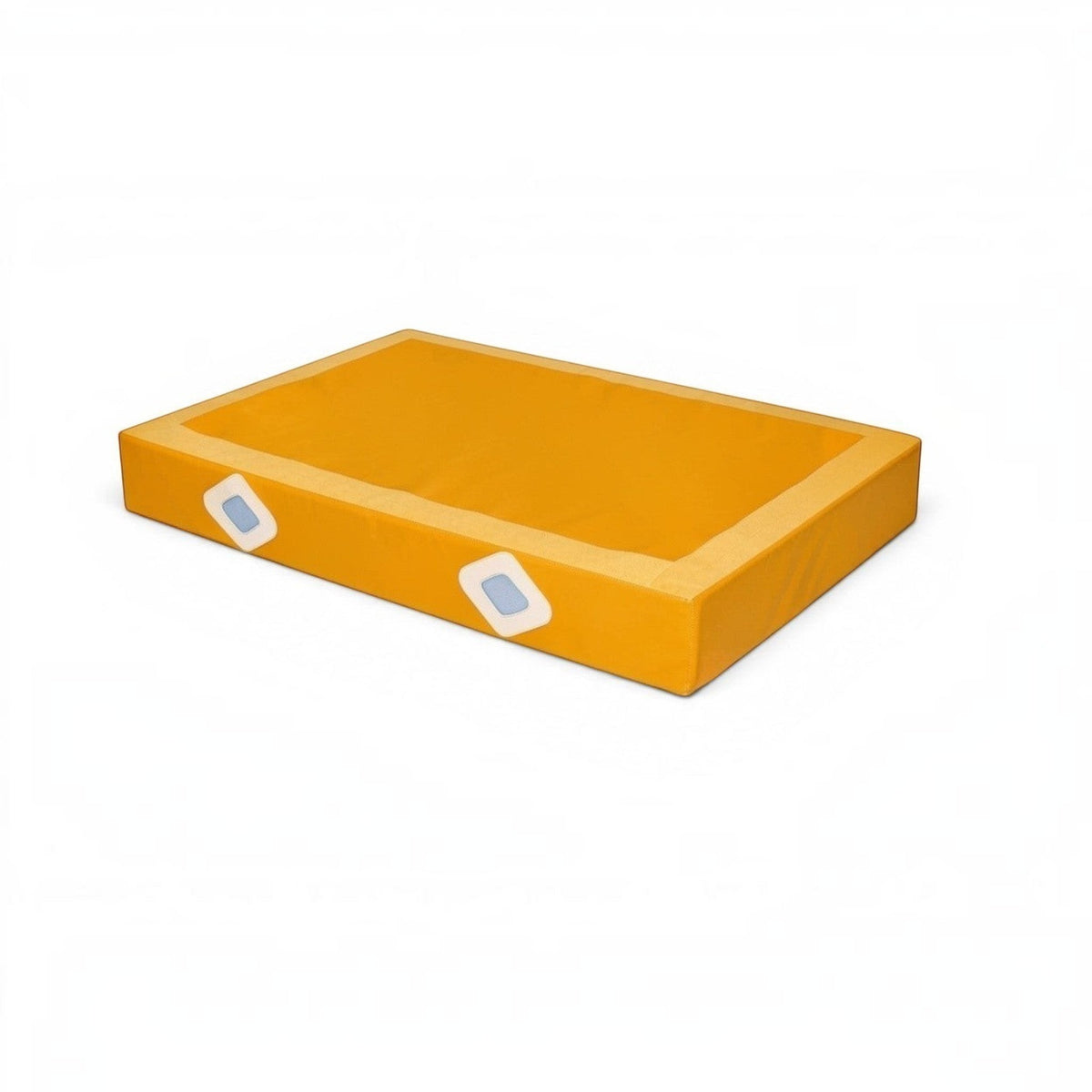 UK Gym Pits yellow PVC gymnastics landing mat with air distribution mesh windows for parallel bars training.