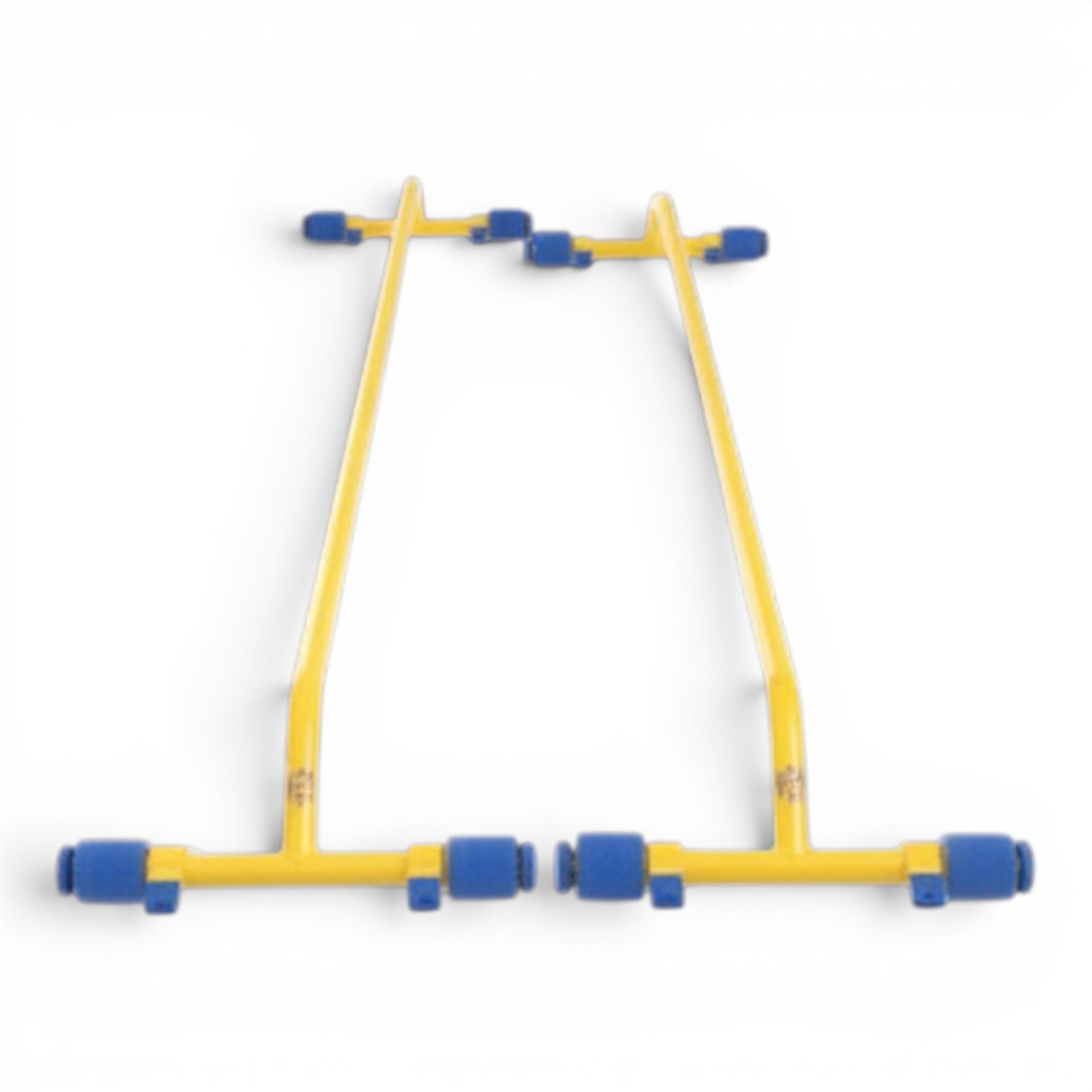 UK Gym Pits yellow powder-coated metal single bars with blue hook and loop fixing system for gymnastics equipment