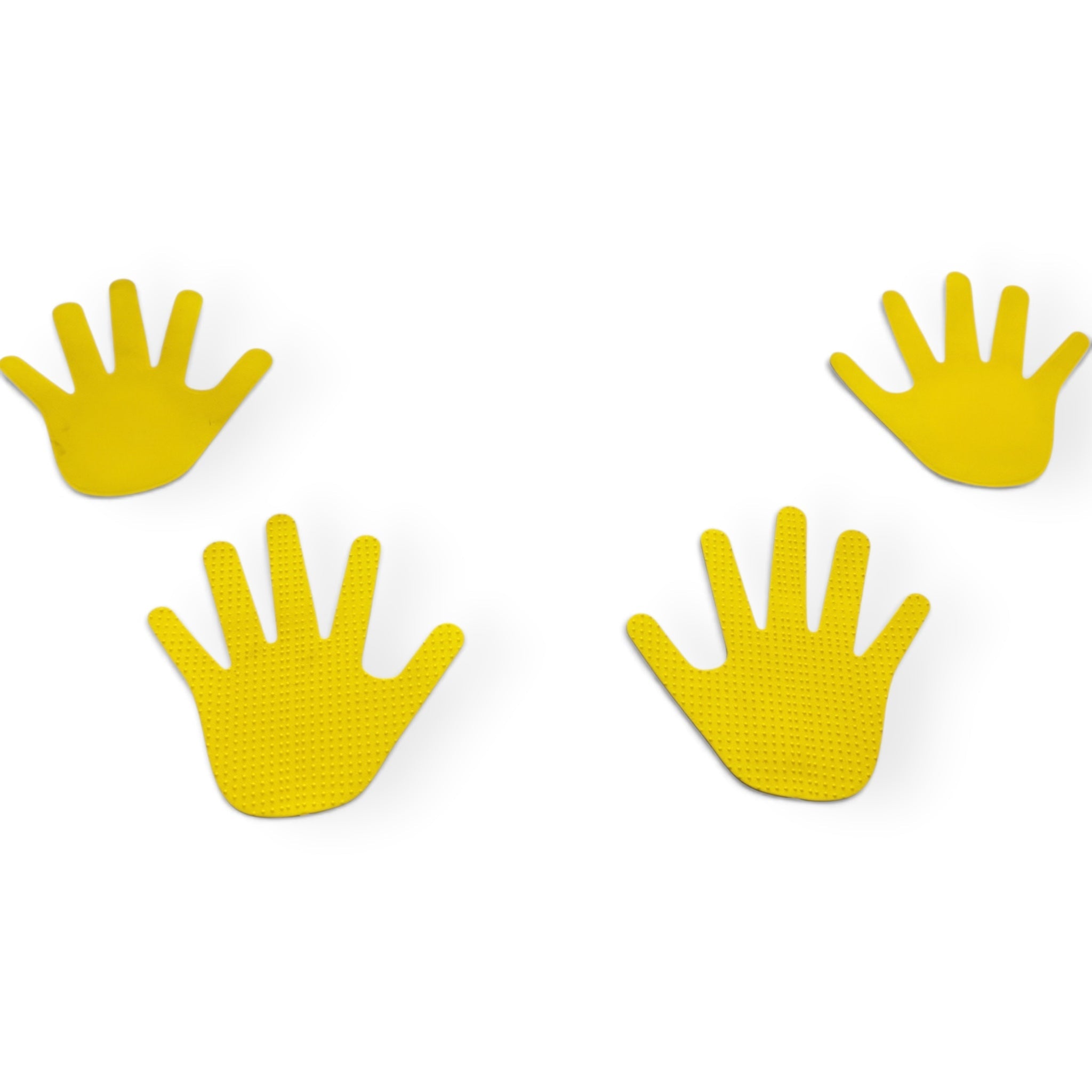 UK Gym Pits yellow hand placement markers made of non-slip TPR rubber with dimpled texture for preschool activities.