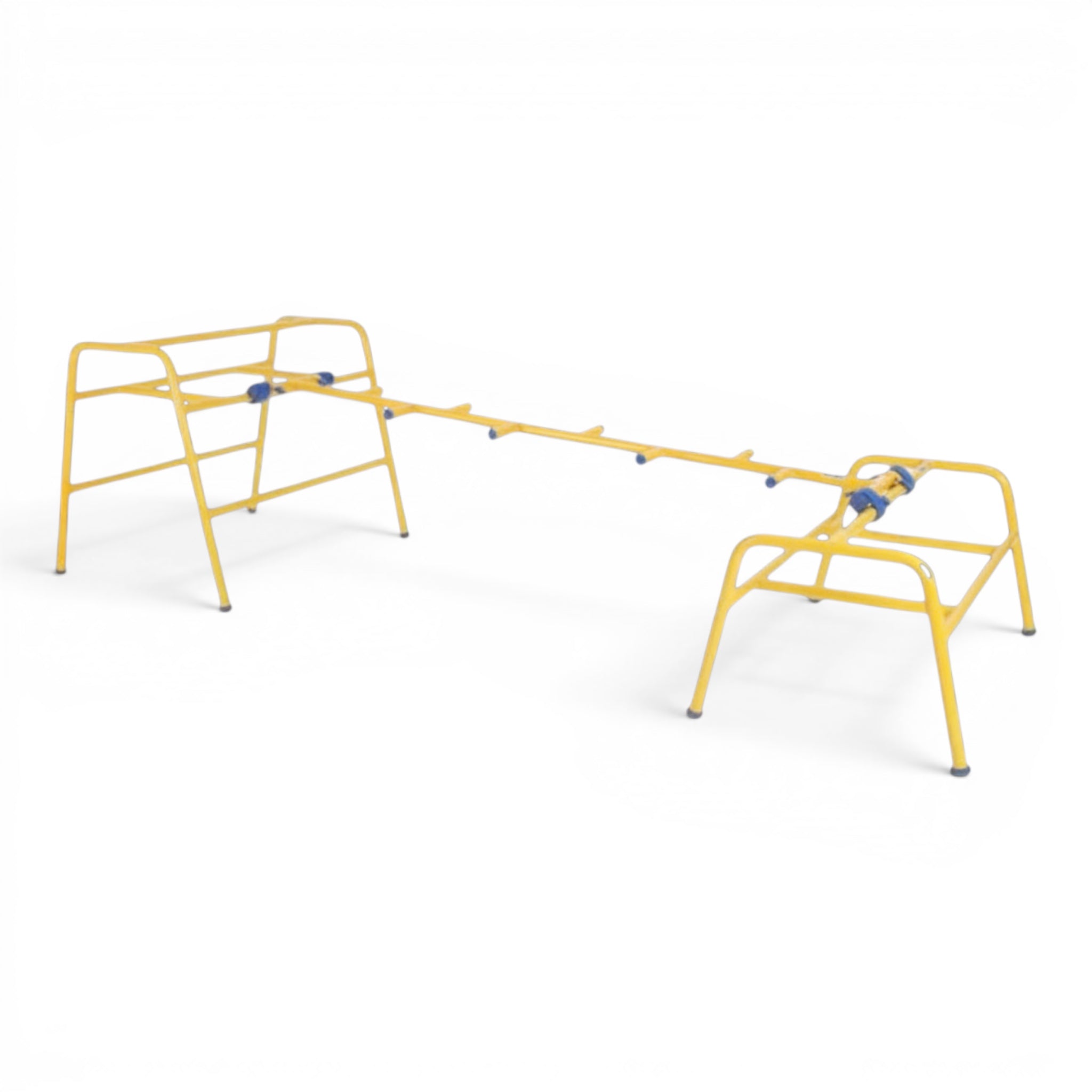 UK Gym Pits yellow metal cat ladder with offset rungs, connected between two gym trestles for climbing activities.