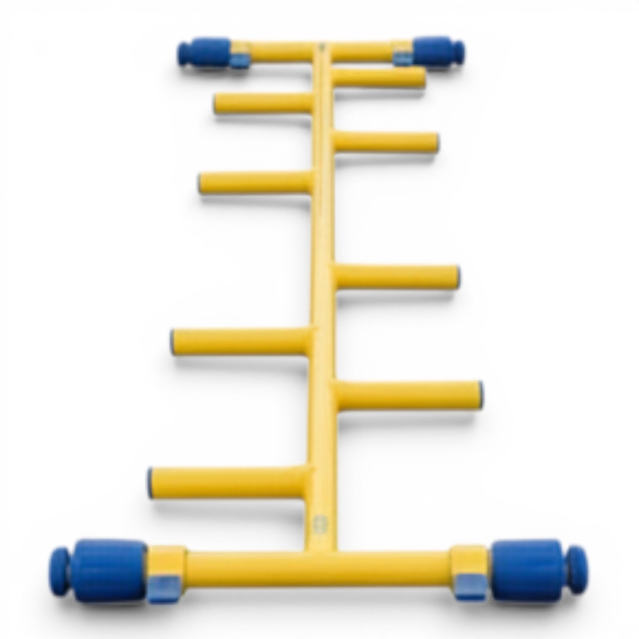 UK Gym Pits yellow metal cat ladder with offset rungs and blue hook and loop connectors for gymnastics equipment.
