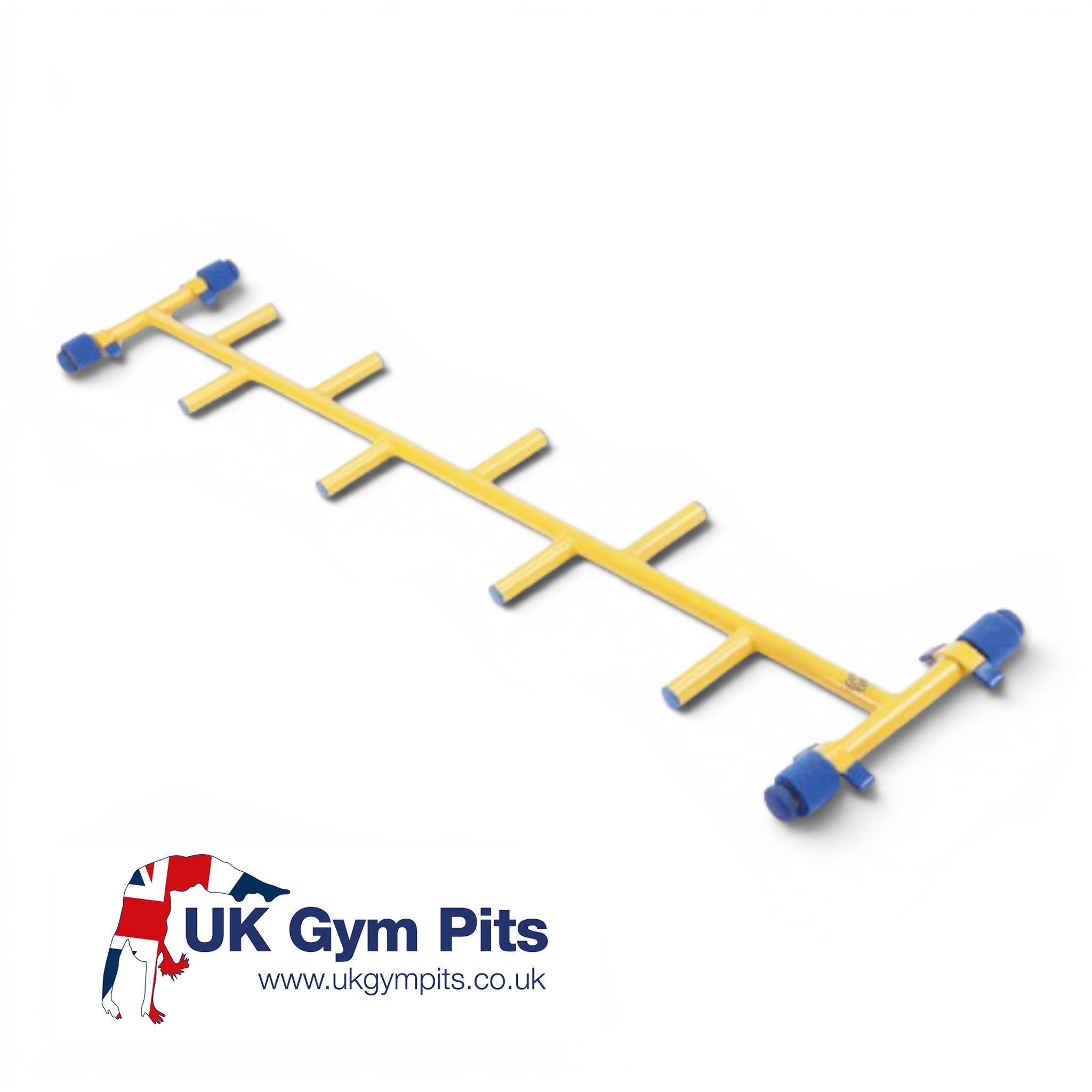 UK Gym Pits yellow metal cat ladder with offset rungs and blue hook and loop fixings for gymnastics equipment