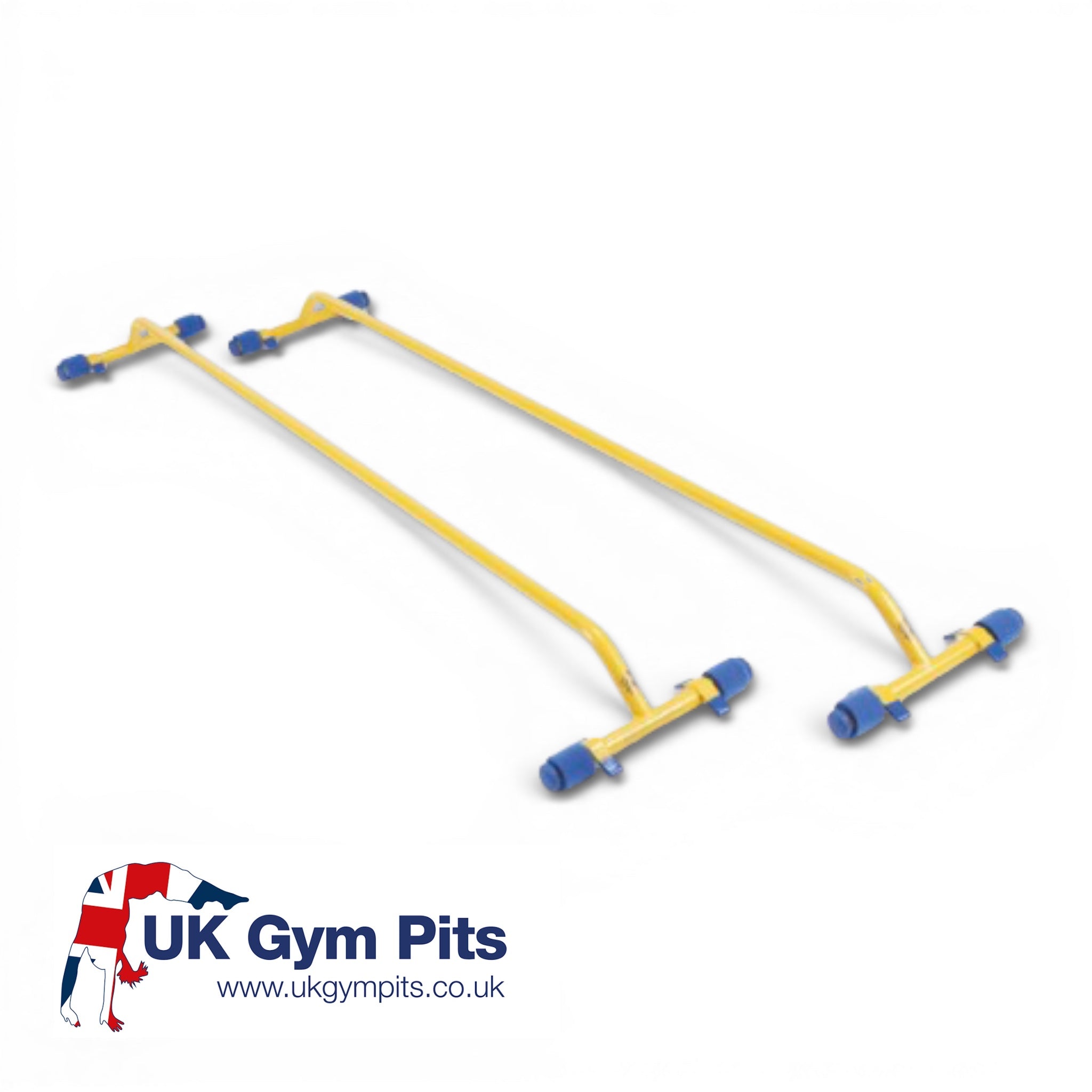 UK Gym Pits yellow metal single bars with blue hook and loop fixing system for gymnastics equipment