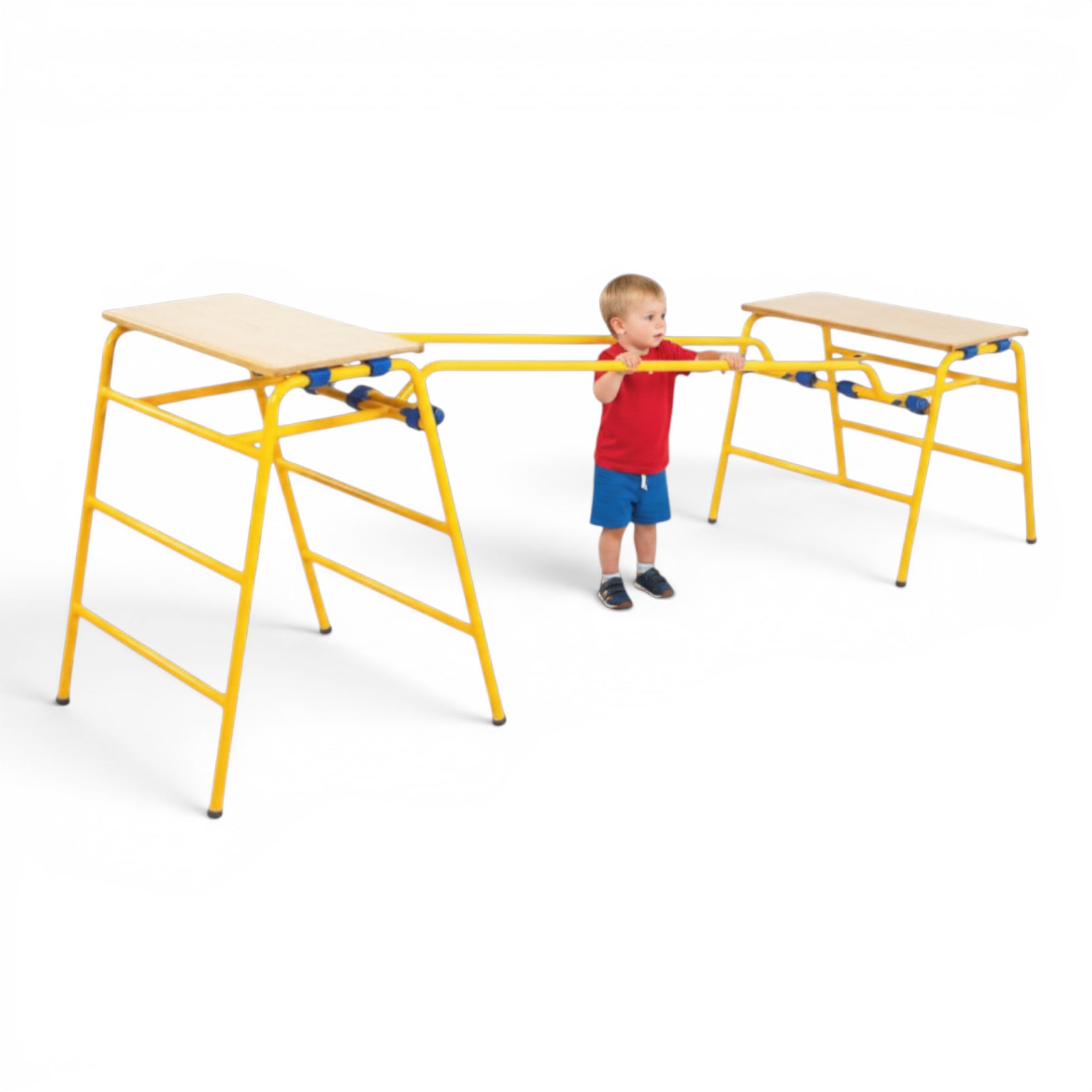UK Gym Pits yellow metal single bar attached between two trestles with a young child holding onto the bar