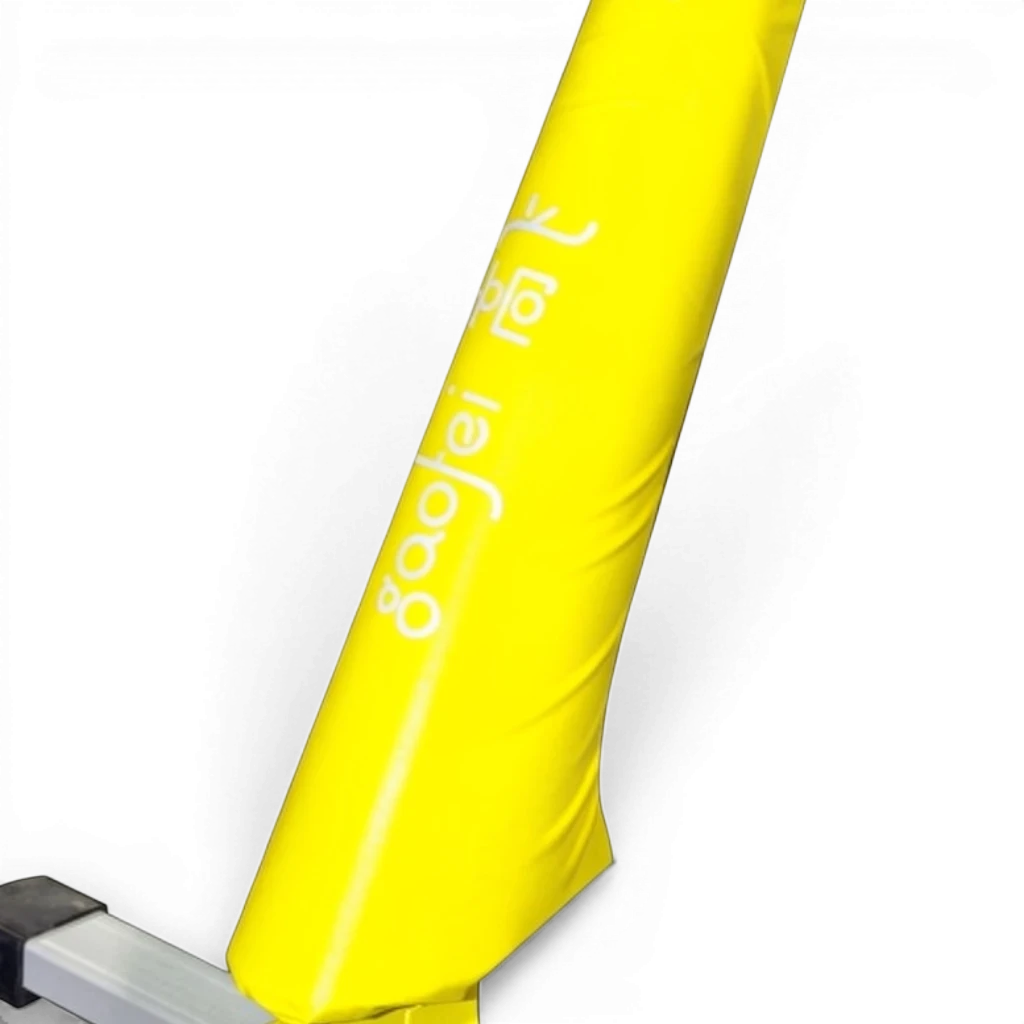 UK Gym Pits Gaofei yellow PVC vinyl pommel horse leg safety padding with Velcro closure and high-density foam.