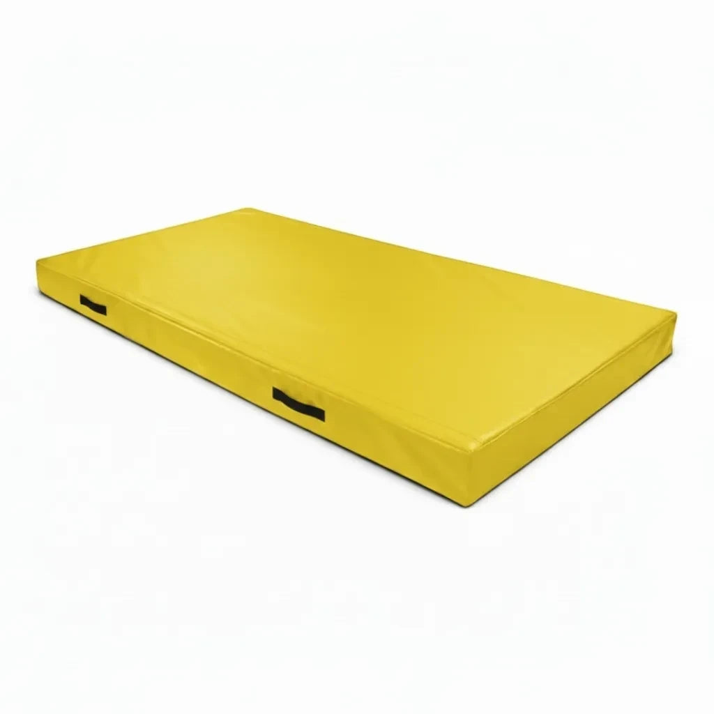 UK Gym Pits yellow FIG specification push-on trampoline safety mat with side handles and flame retardant foam