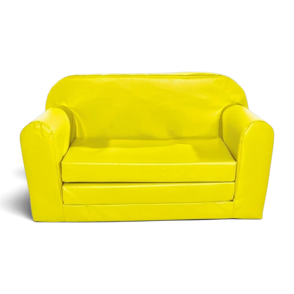 UK Gym Pits bright yellow soft play sofa bed made from durable, easy-to-clean PVC fabric for children.