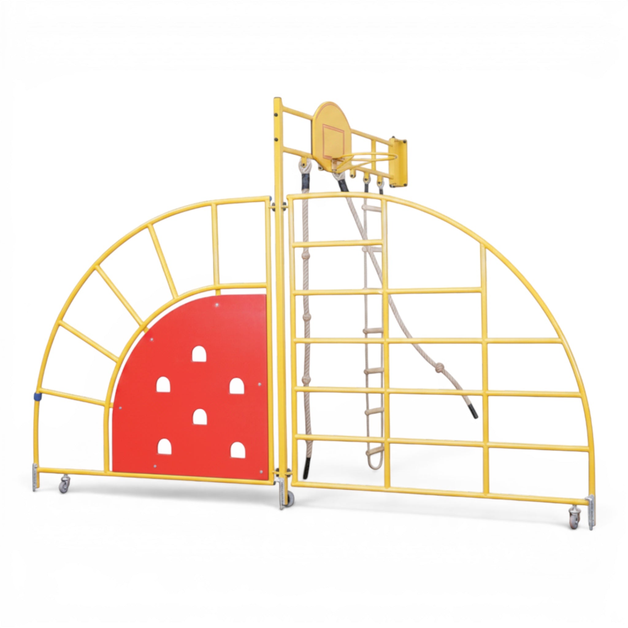 UK Gym Pits children's yellow steel climbing frame with a red climbing wall, ladder, and basketball hoop.