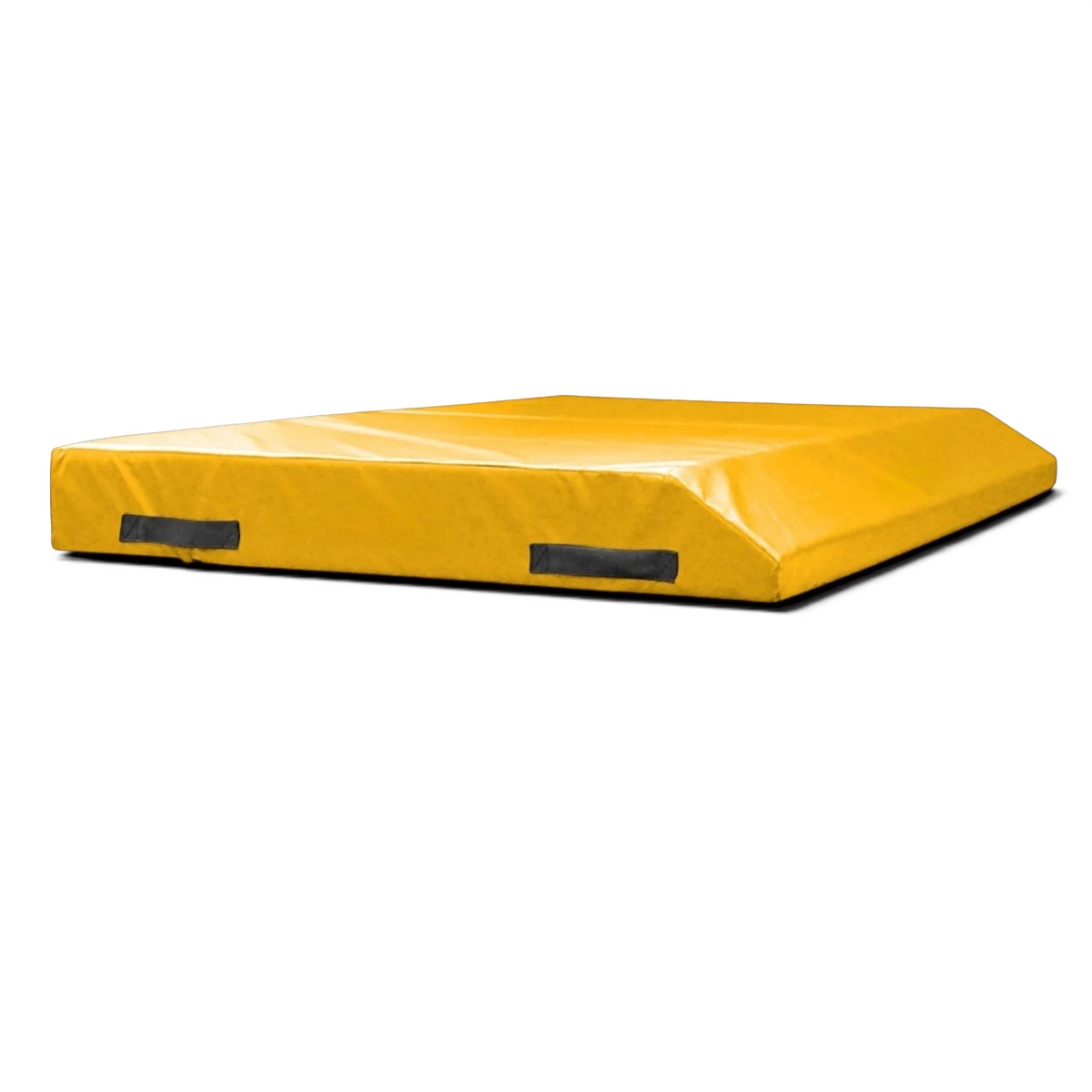 UK Gym Pits yellow single wedge trampoline spotting end deck mat with black handles and Nissen branding.