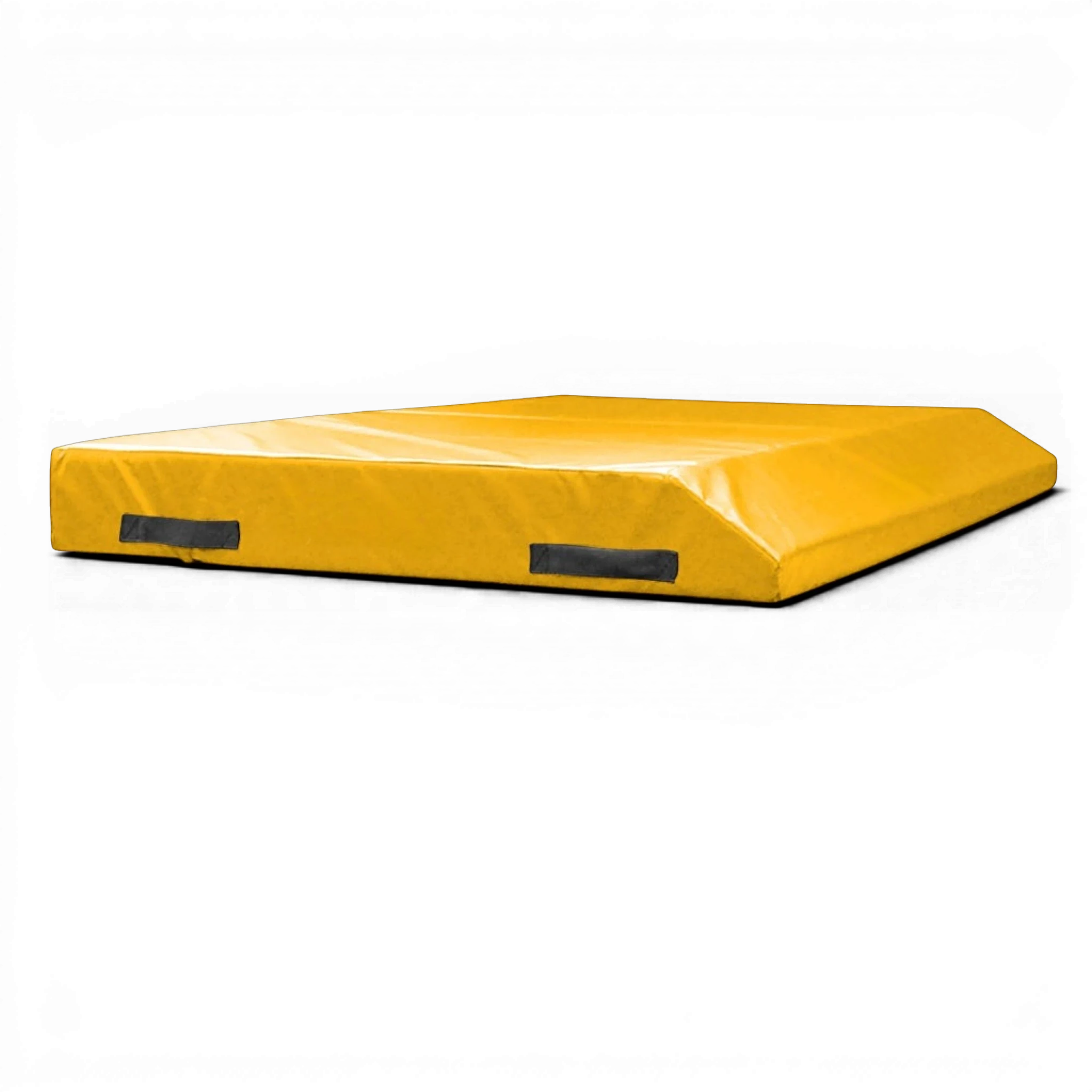 UK Gym Pits yellow single wedge trampoline spotting end deck mat with black handles and Nissen branding.