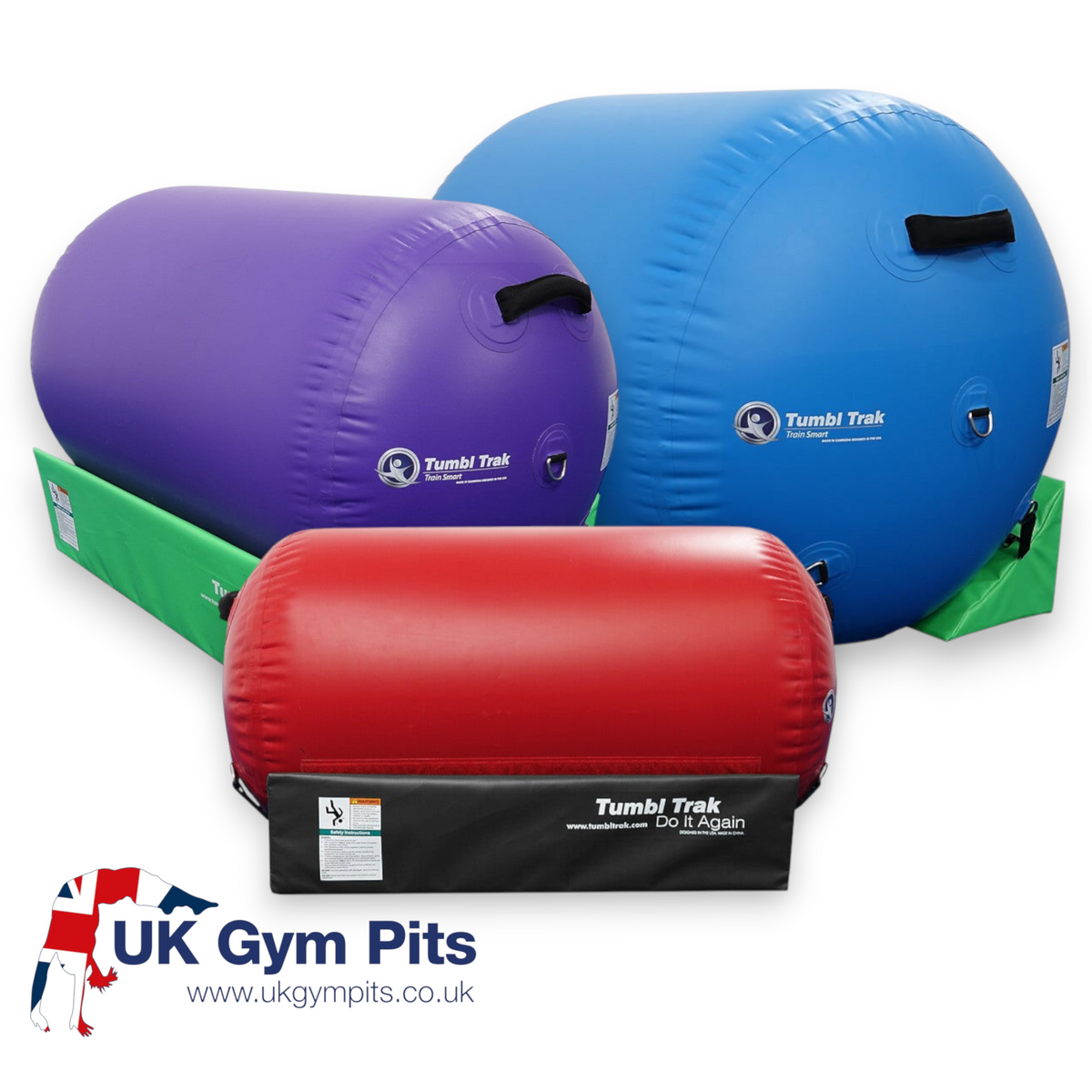 UK Gym Pits red inflatable air barrel training device with a black stabilizing cradle for gymnastics tumbling drills