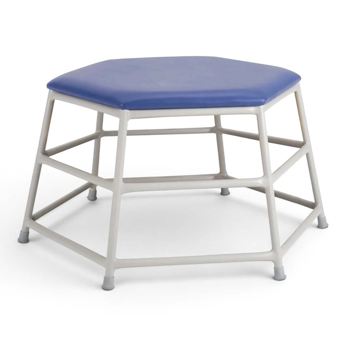UK Gym Pits Lita hexagonal movement table with a blue padded PVC top and silver aluminium frame.