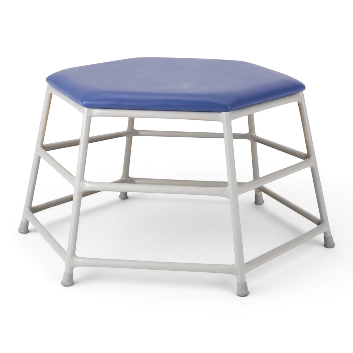 UK Gym Pits Lita hexagonal movement table with a blue padded PVC top and silver powder-coated aluminium frame.