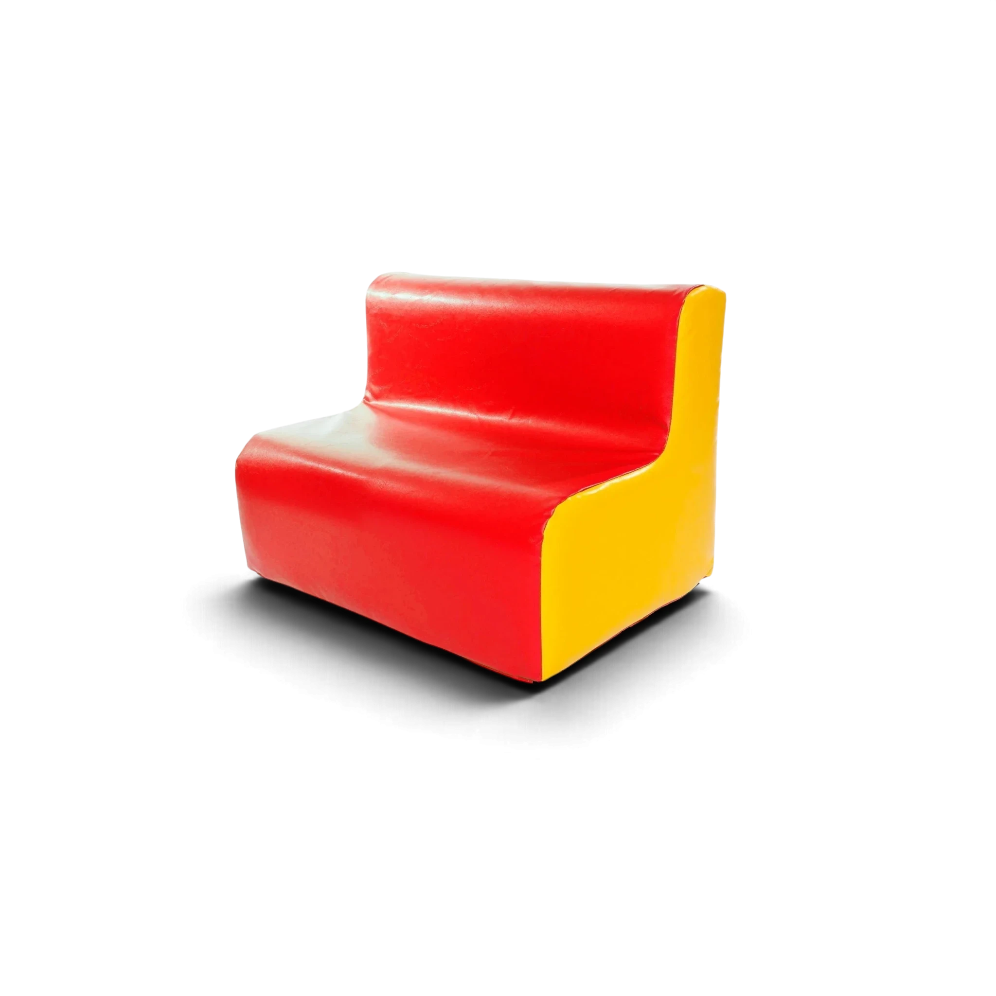 UK Gym Pits 2 seater soft play sofa in red and yellow vinyl, ideal for nurseries and schools.