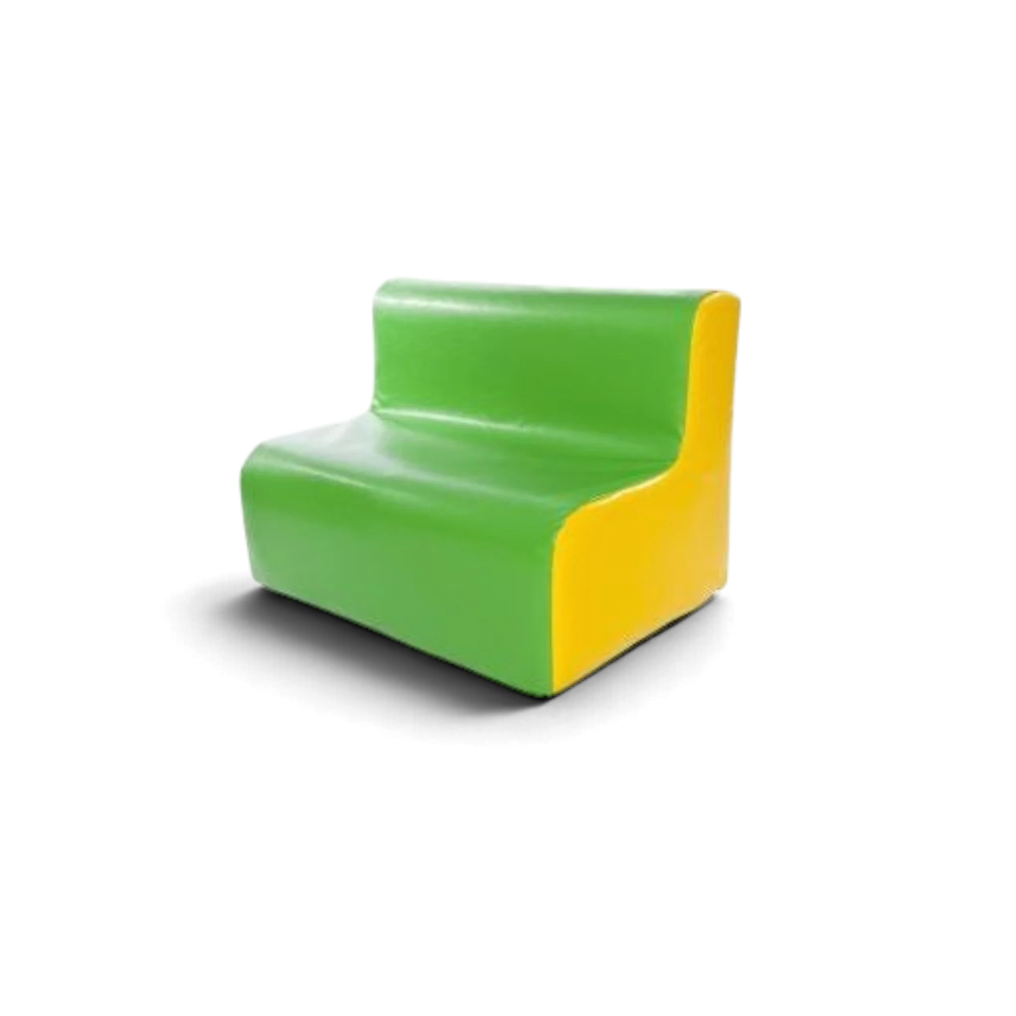 UK Gym Pits 2 seater soft play sofa in green and yellow vinyl for schools and nurseries