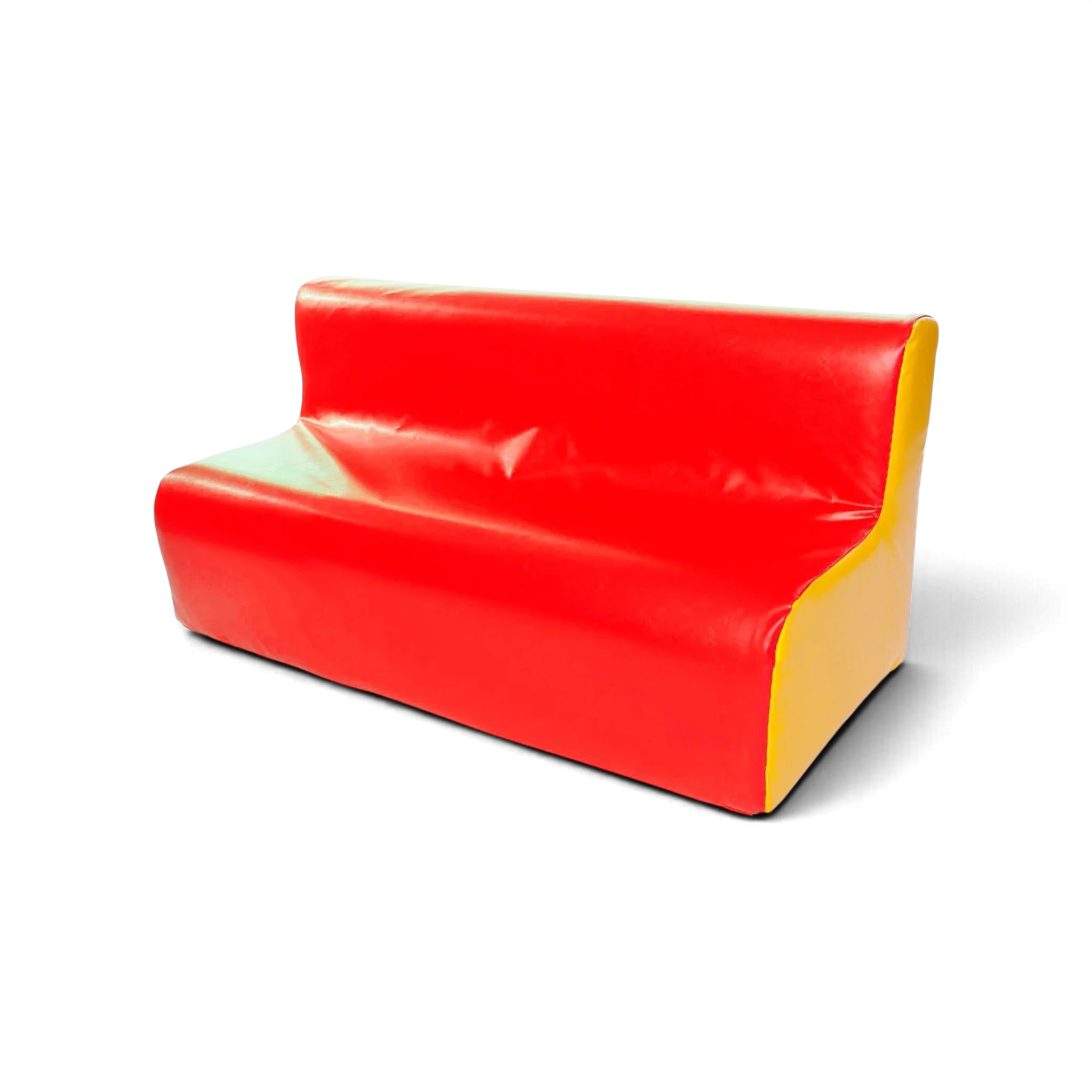 UK Gym Pits 3 seater soft play sofa in red and yellow vinyl for schools and nurseries