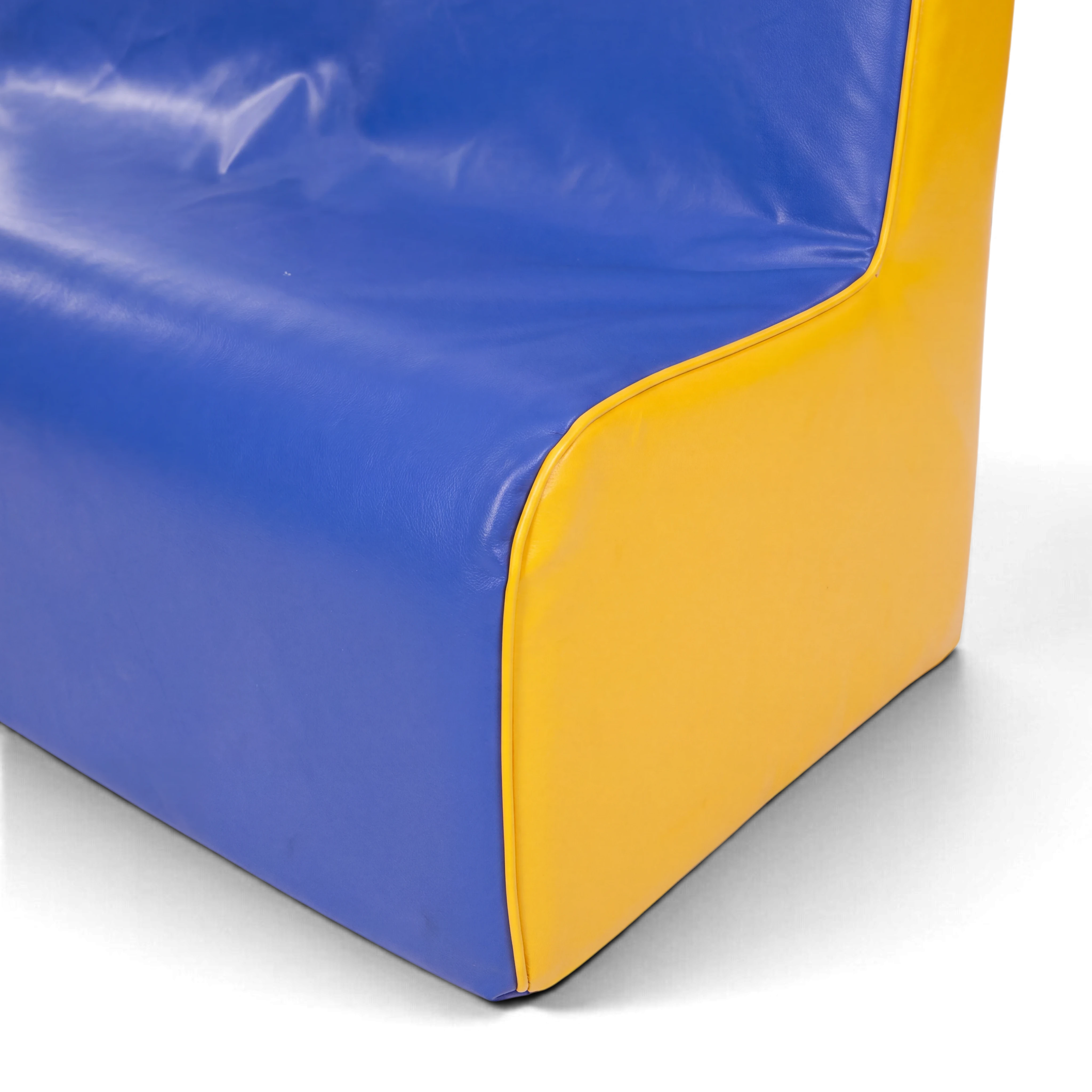 UK Gym Pits 3 seater soft play sofa in blue and yellow phthalate-free PVC fabric for schools and nurseries