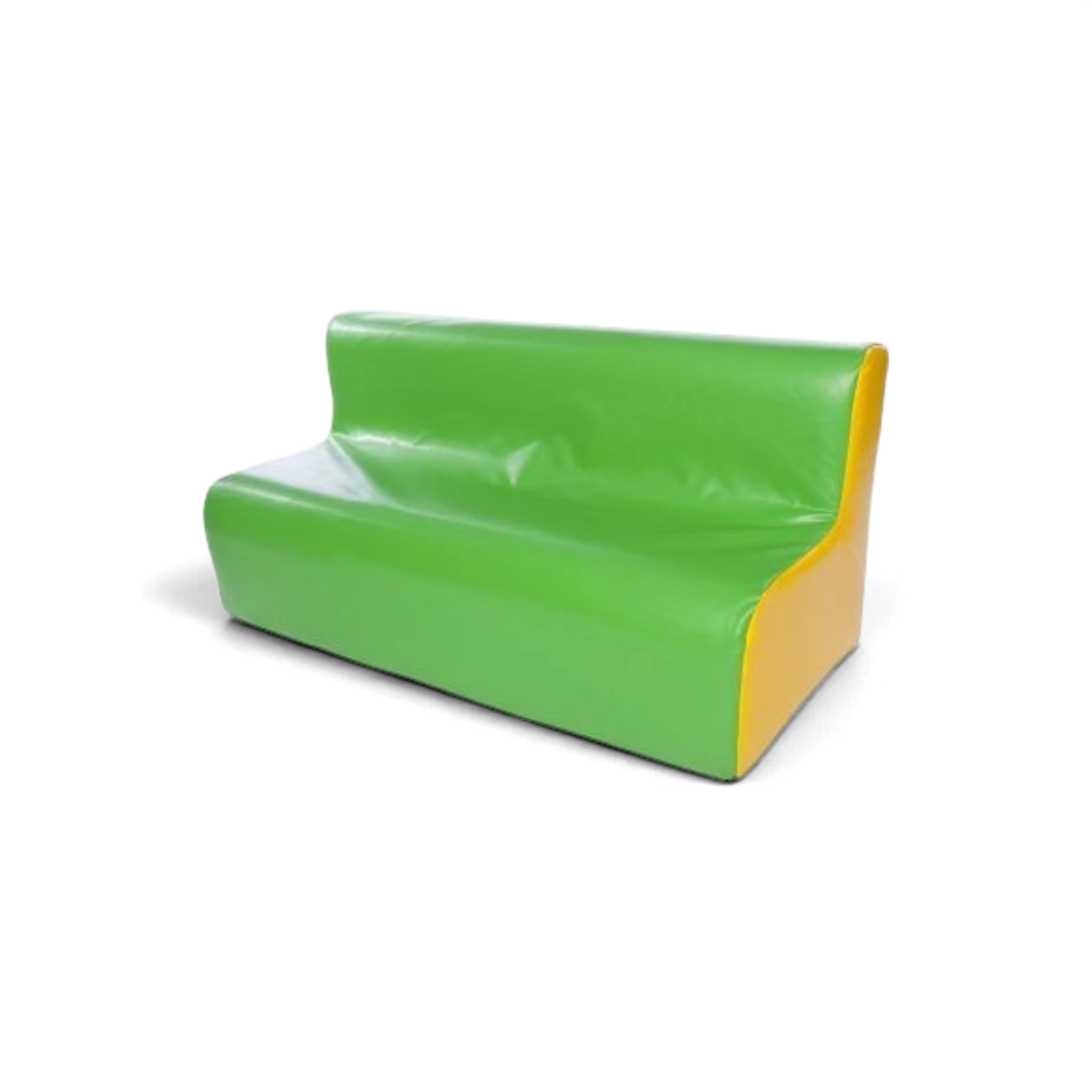 UK Gym Pits 3 seater soft play sofa in green and yellow vinyl for schools and nurseries