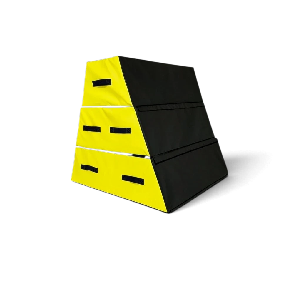 UK Gym Pits 3 section parkour vault box in black and yellow with carry handles and durable PVC surface.