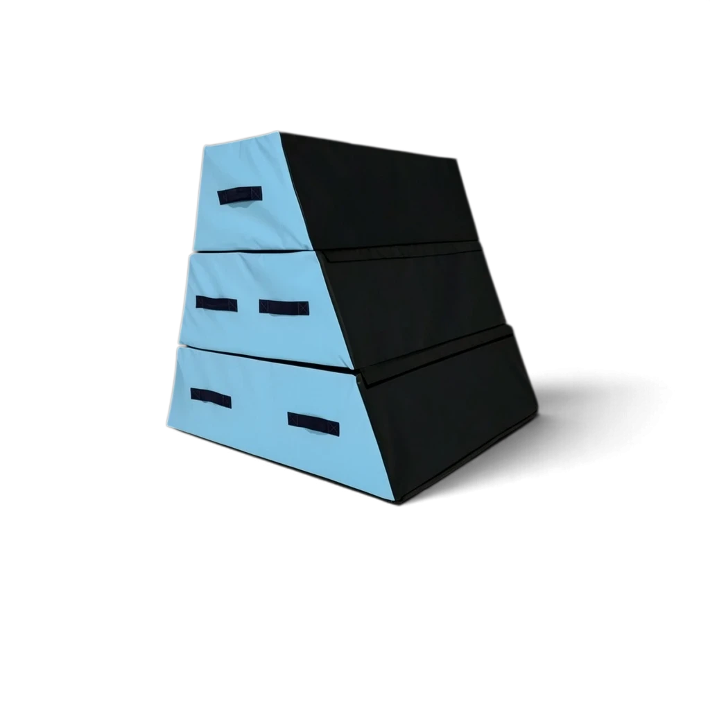 UK Gym Pits 3 section parkour vault box with black and light blue PVC foam construction and side carry handles.