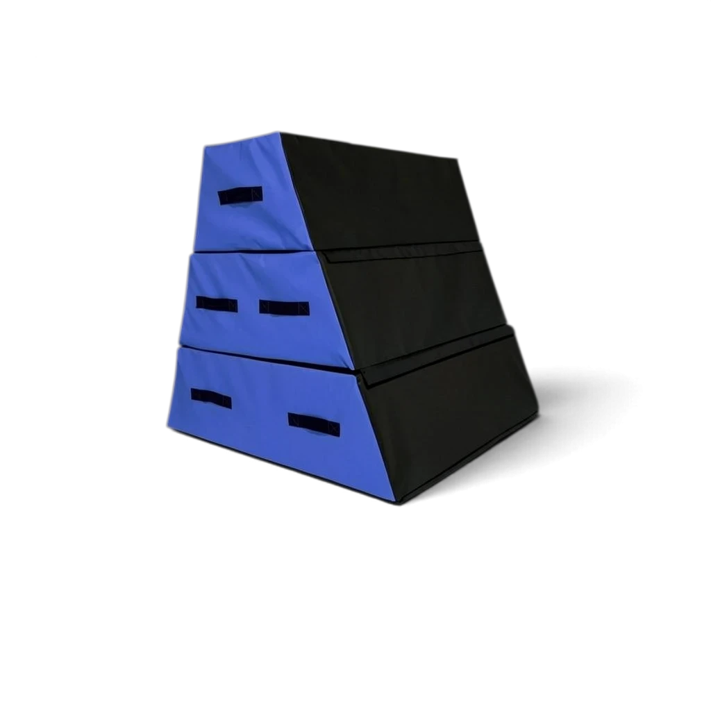 UK Gym Pits 3 section parkour vault box in black and blue PVC with carry handles for freestyle gymnastics training