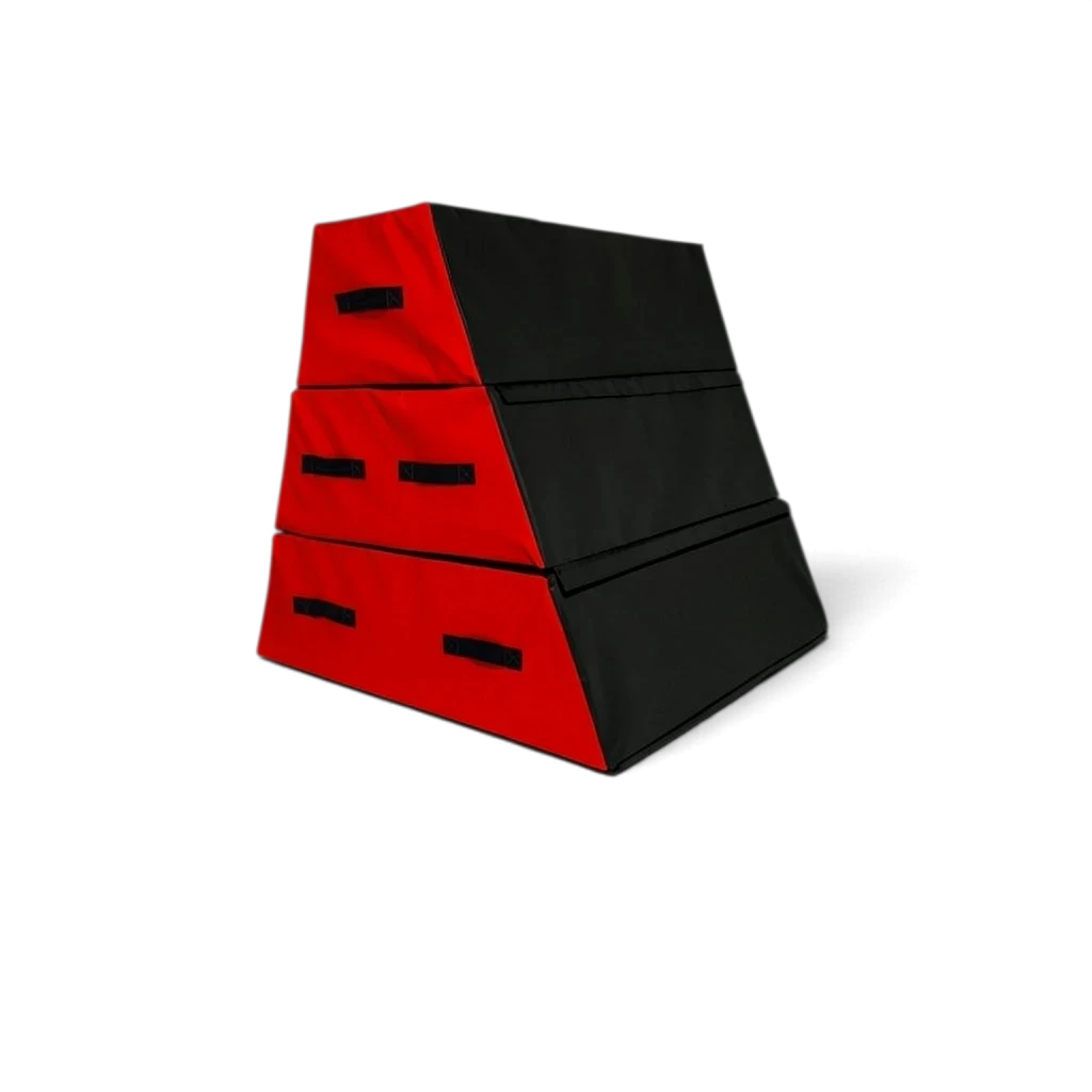 UK Gym Pits 3-section parkour vault box in black and red PVC with carry handles for gymnastics and free running training