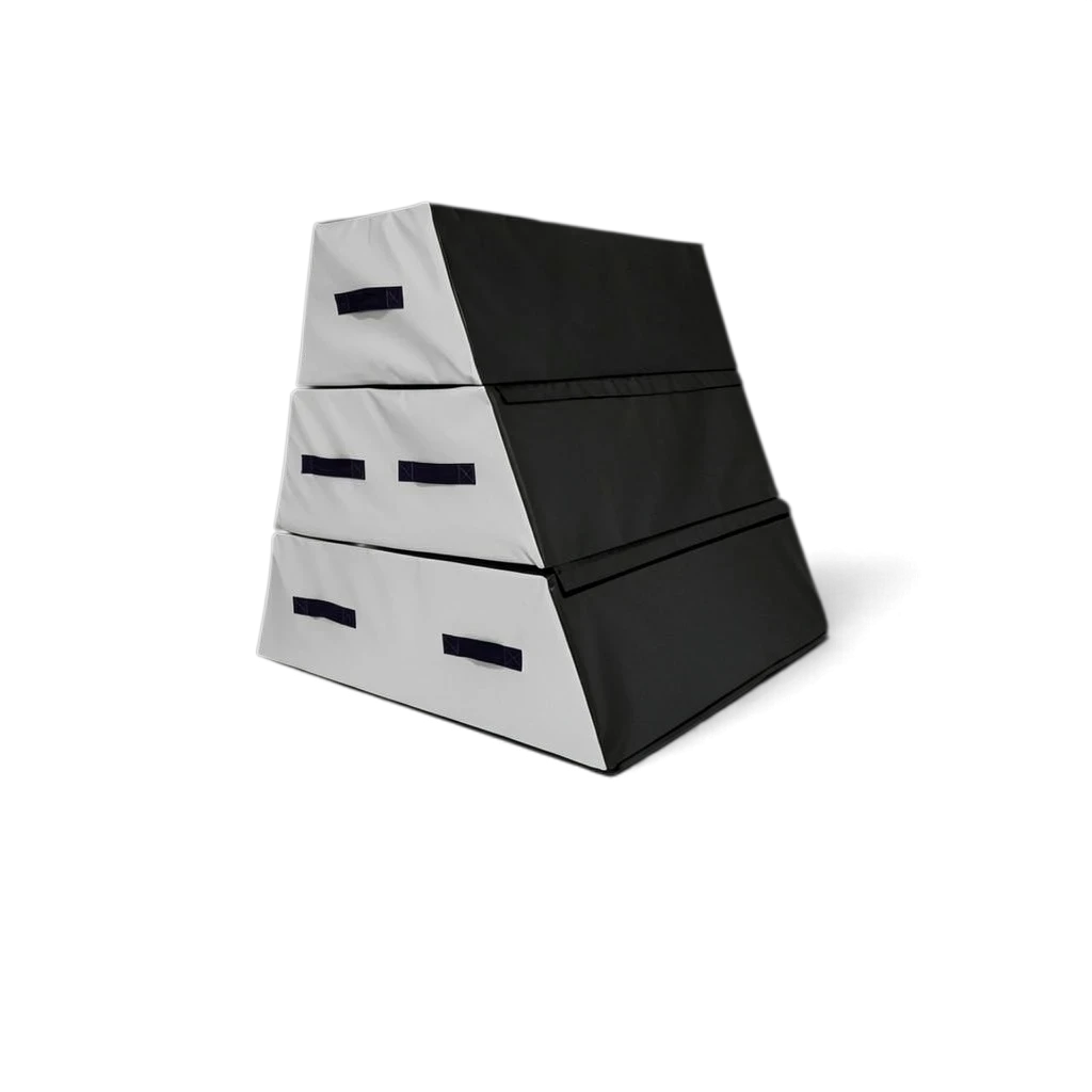 UK Gym Pits 3 section parkour vault box in black and white with carry handles and modular stackable design