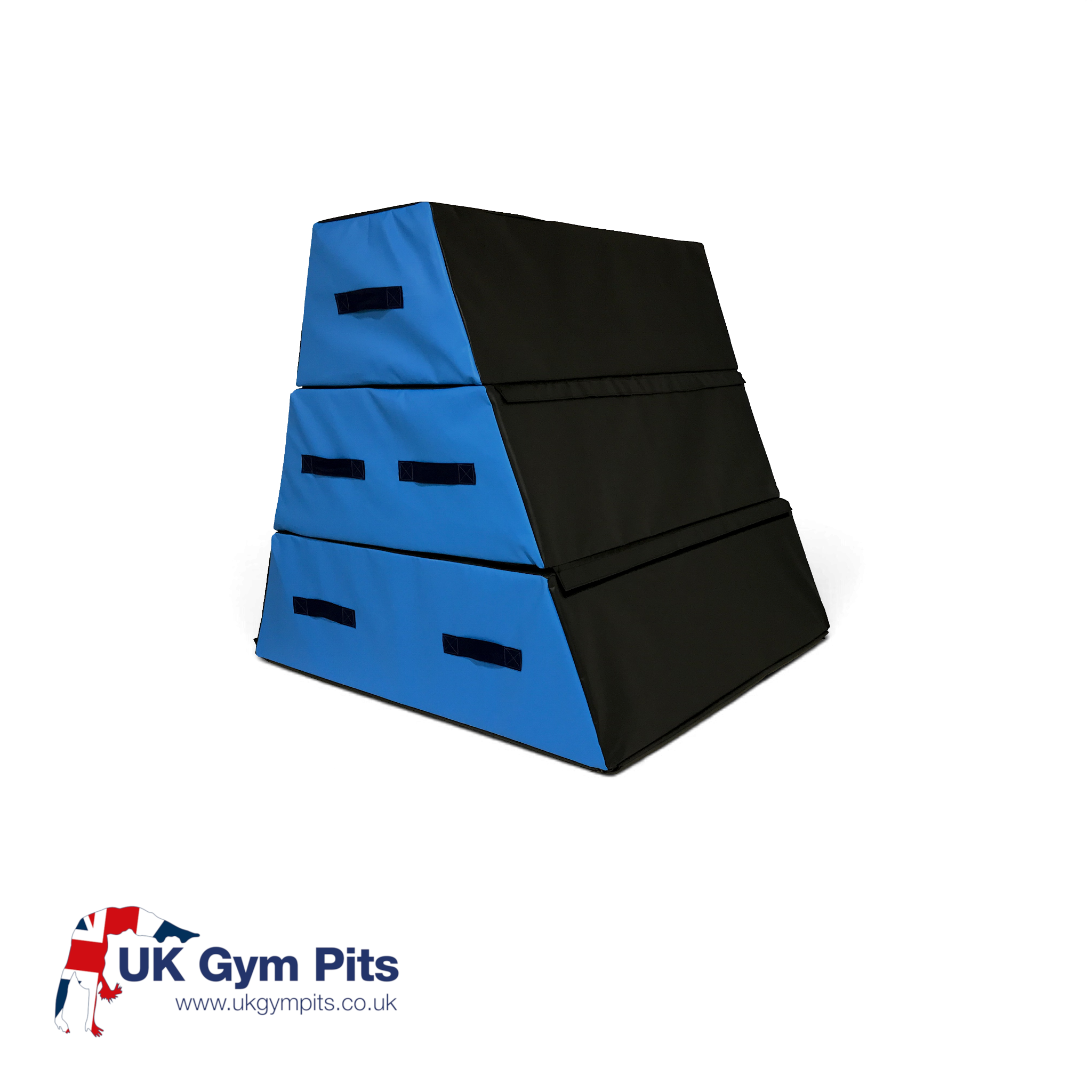 UK Gym Pits 3 section parkour vault box in black and blue with carry handles and Velcro connectors