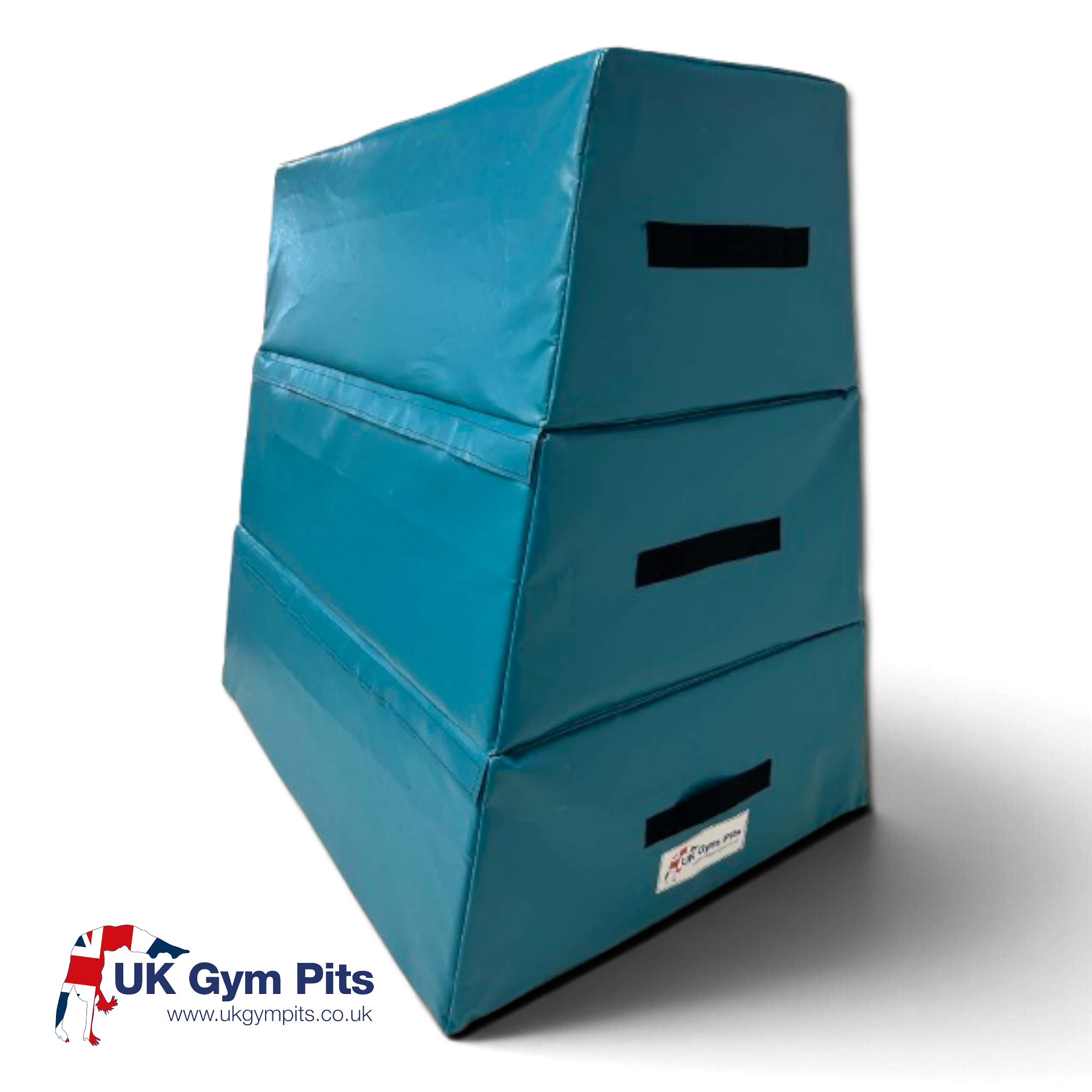 UK Gym Pits 3 tiered foam vault box in teal vinyl for gymnastics training with anti-slip base and carry handles